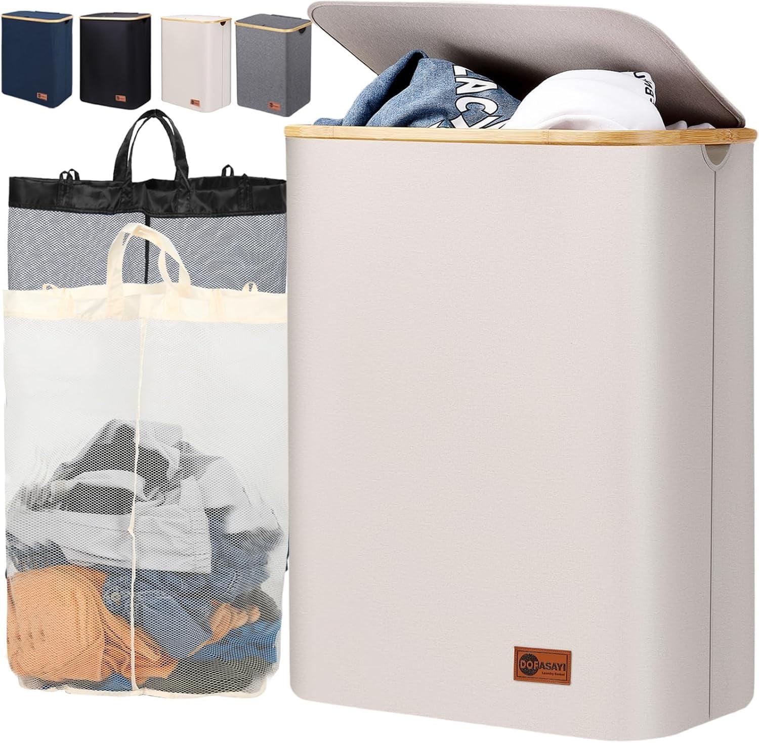 Beige Extra Large Foldable Laundry Hamper with Bamboo Handles