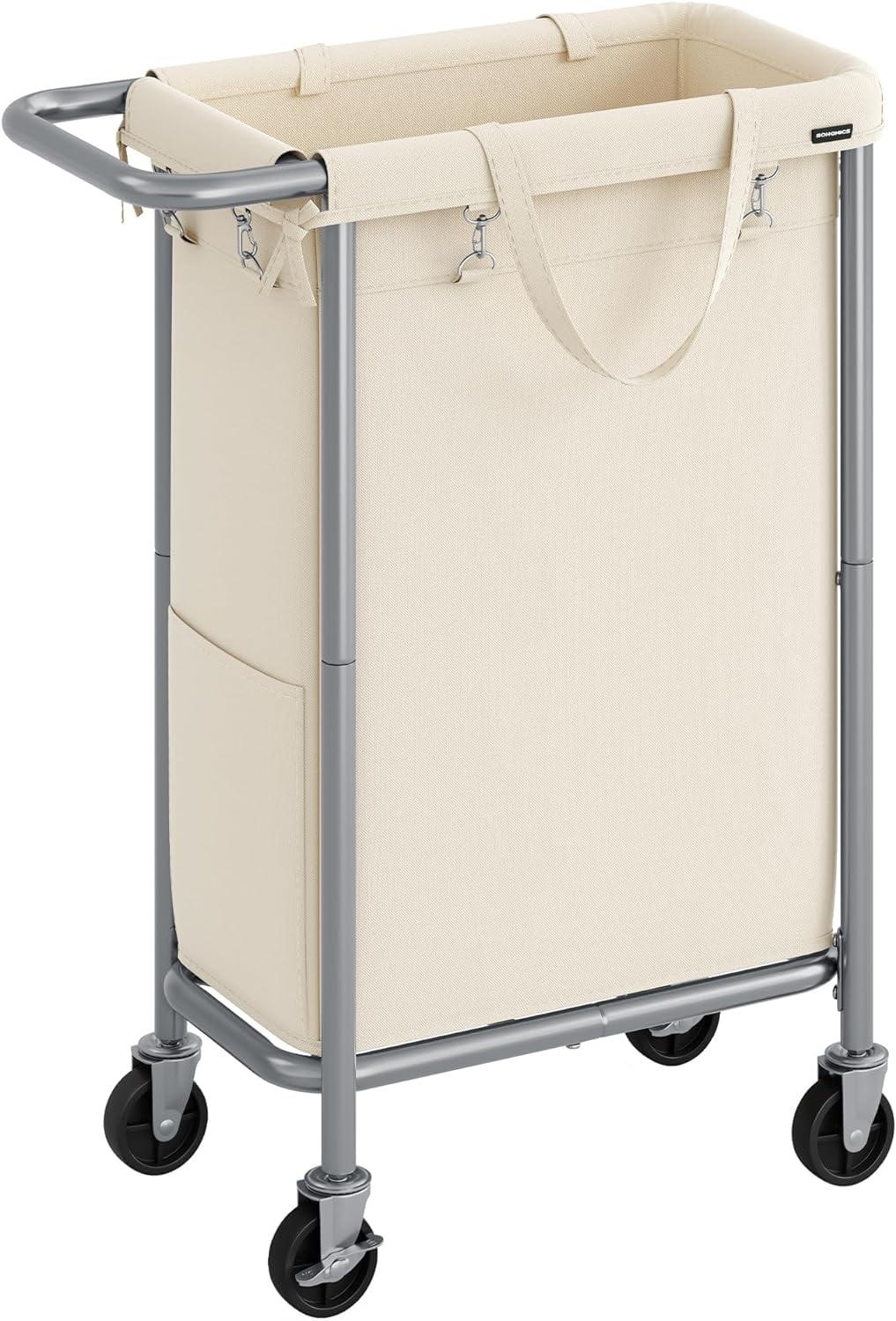 Laundry Basket with Wheels, Rolling Laundry Hamper, 23.8 Gallons (90L), Removable Liner, Steel Frame with Handle, Blanket Storage, 24 x 11.4 x 31.9 Inches, Cream White URLS003W01