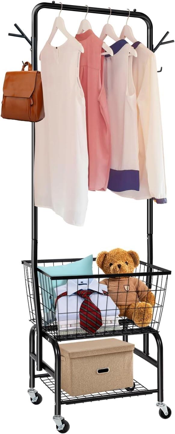 Laundry Cart with Wheels and Hanging Rack, Garment Rack with Storage Shelves and Coat/Hat Hanging Hooks, Rolling Laundry Basket for Laundry Bedroom Hallway, Black