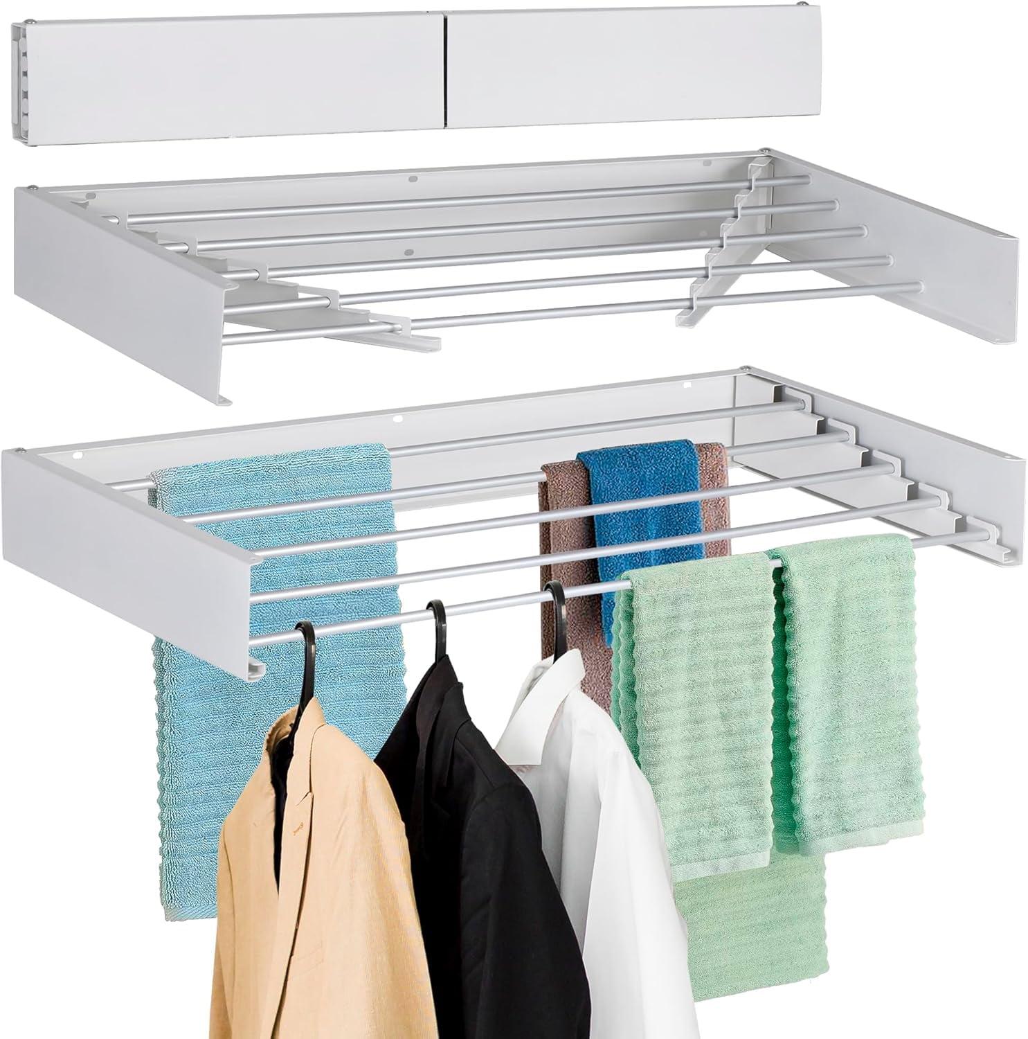 Laundry Drying Rack Wall Mounted Clothes Drying Rack Collapsible 31.5" Wide with 13.2 Linear Ft and 5 Aluminum Rods Drilling Template Long Screwdriver Bit 60 lbs Capacity White