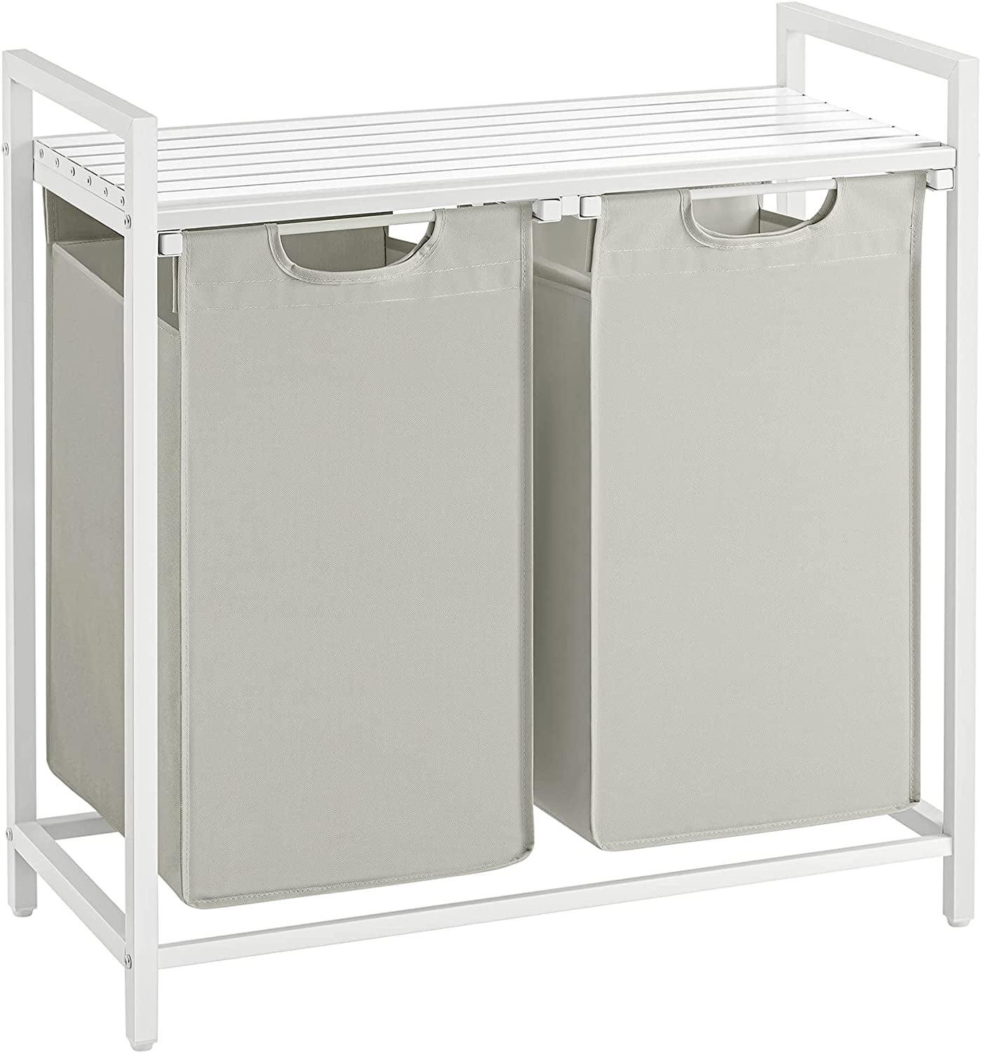 White Rectangular Laundry Hamper with 2 Pull-Out Bags and Shelf