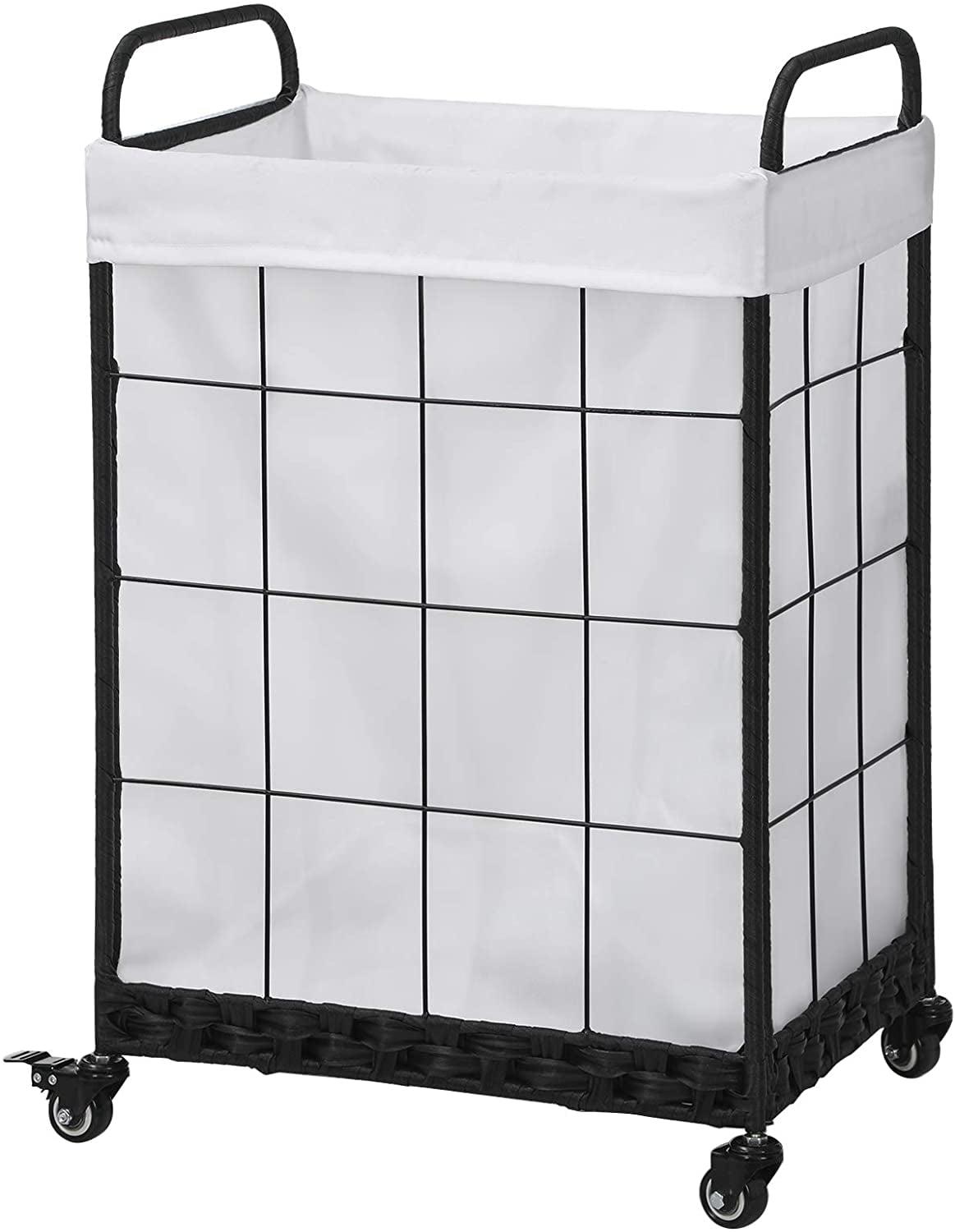 White Rectangular Laundry Hamper with Wheels and Metal Frame