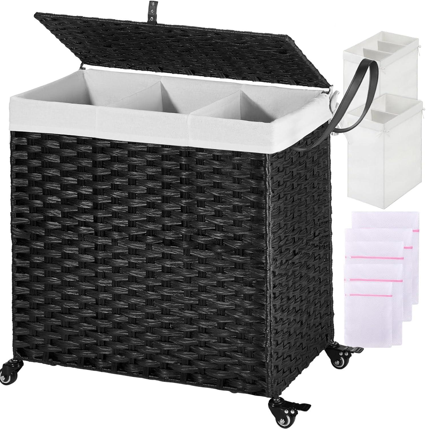 Greenstell Laundry Hamper with Wheels&Lid, 140L Large 3 Sections Clothes Hamper with 2 Types Removable Liner Bags, 5 Mesh Laundry Bags, Handwoven Divided Laundry Basket Black