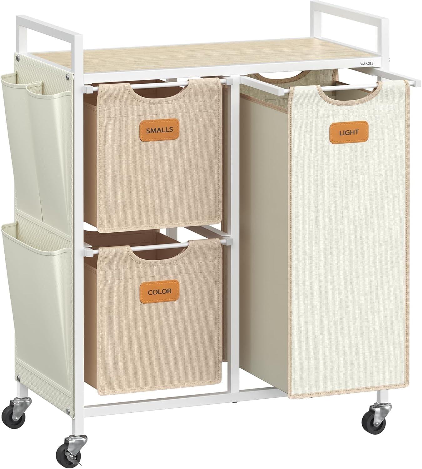 VASAGLE Laundry Hamper with 3 Compartments, 26.4 Gal. (100 L) Laundry Sorter, Rolling Laundry Cart with Shelves, Camel Brown and Cream White
