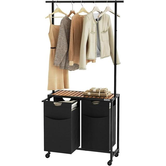 Laundry Sorter, Laundry Hamper with Hanging Rack, Laundry Sorter 2 Section, Laundry Basket with Wheels, Hampers for Laundry, Laundry Basket Organizer for Laundry Room, Rustic Brown LS27BR