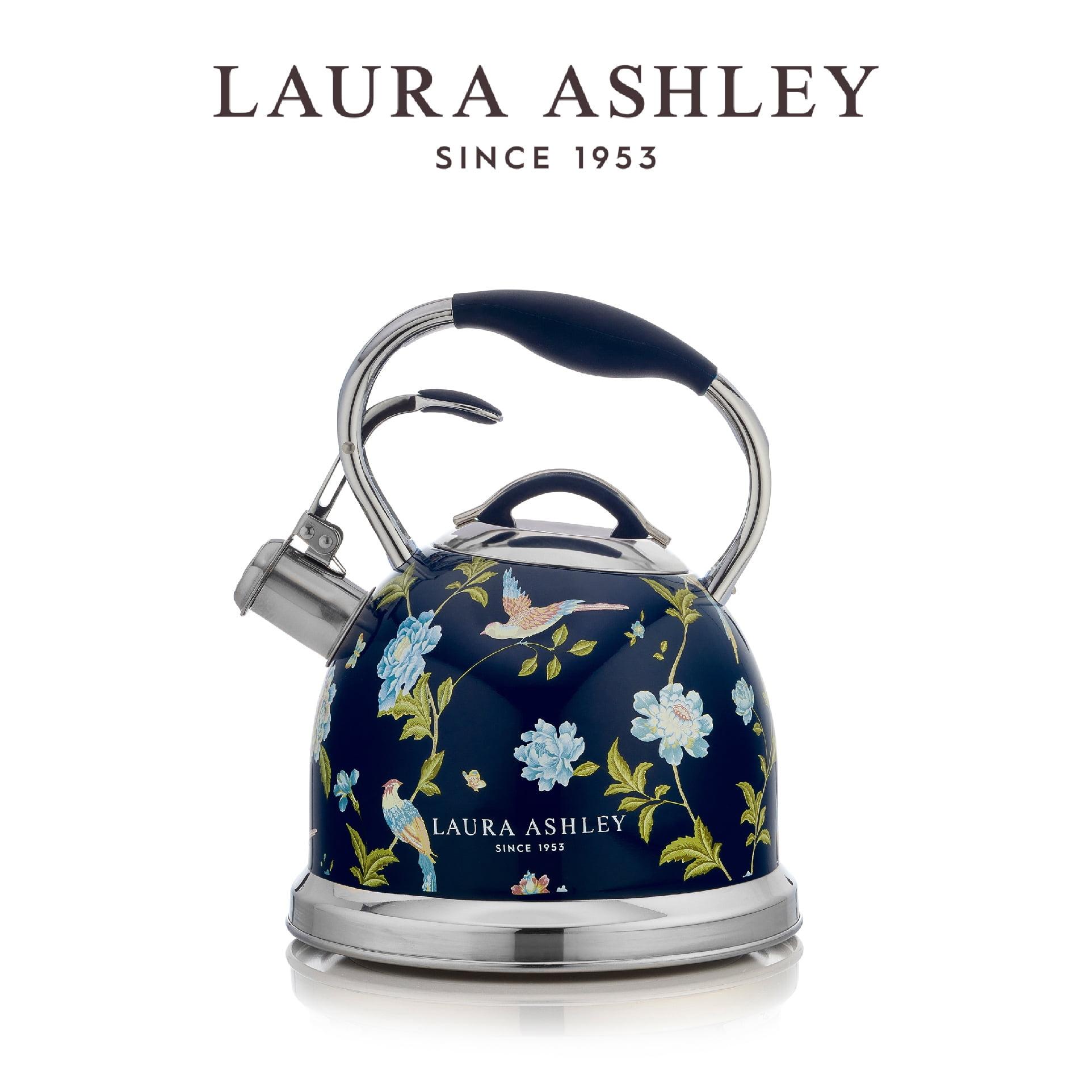 Navy Stainless Steel Whistling Stove Top Kettle with Floral Print