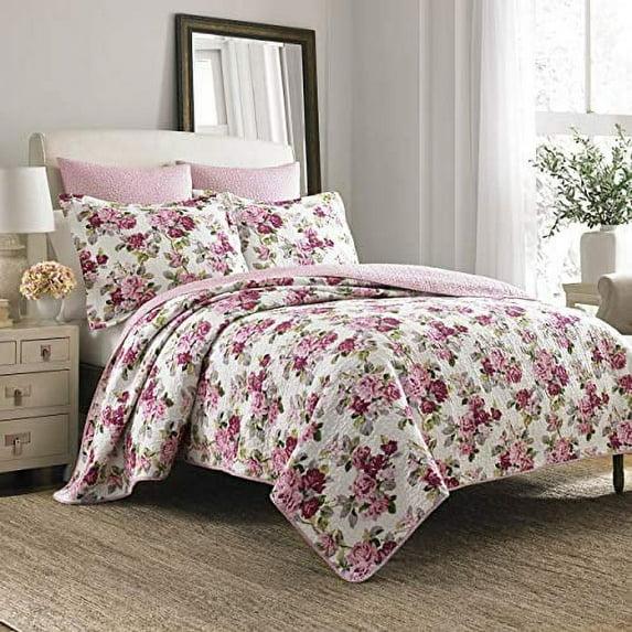 Laura Ashley King Lidia Quilt and Sham Set Pink: Floral Bedding, Pre-Washed, Machine Washable
