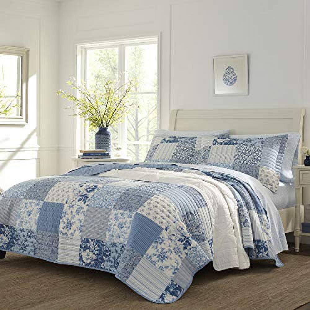 Full Blue Cotton Reversible Patchwork Quilt Set