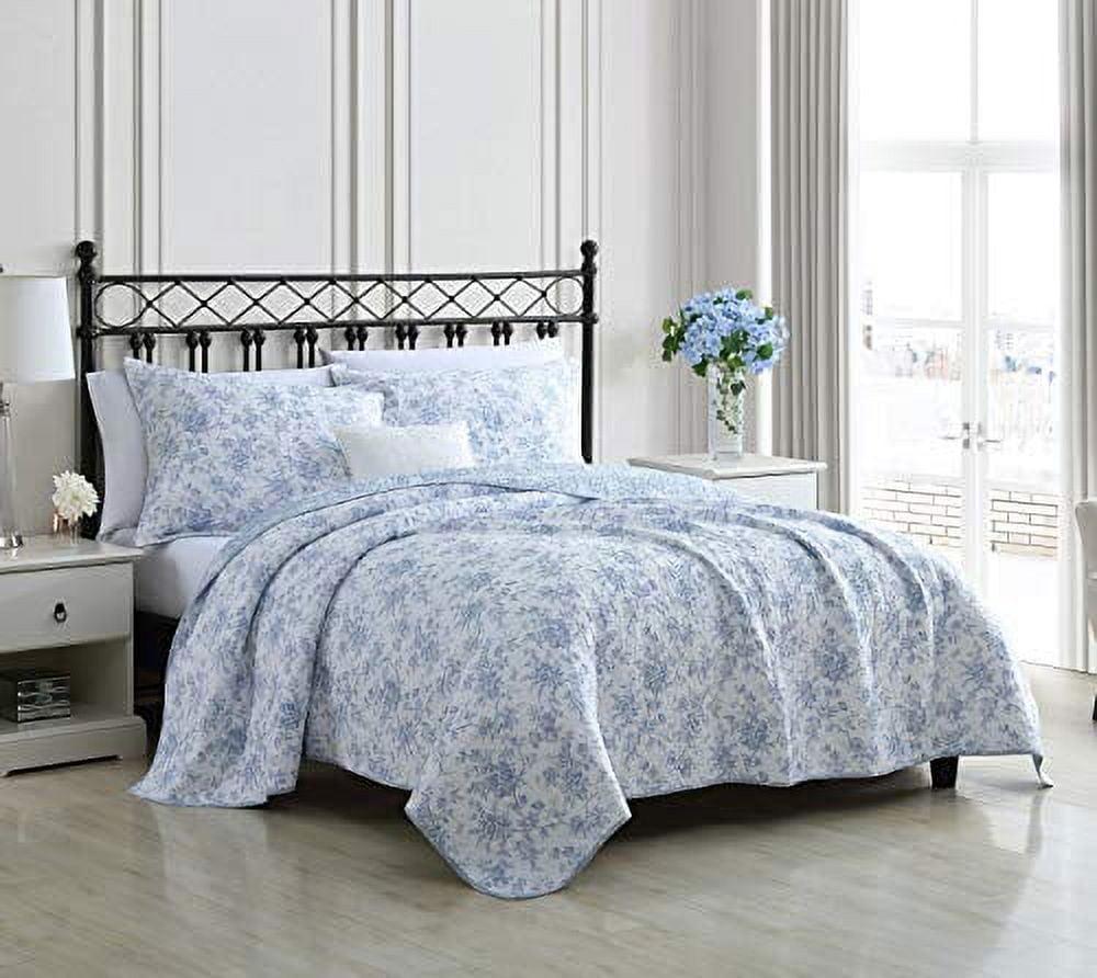 Blue Floral Cotton Reversible Full Quilt Set