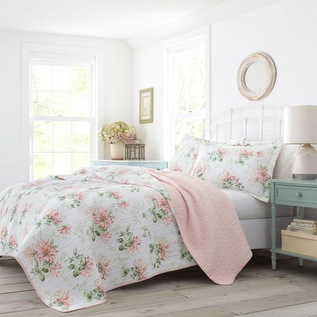 Laura Ashley Laura Ashley Honeysuckle Cotton Reversible Pink Quilt Set