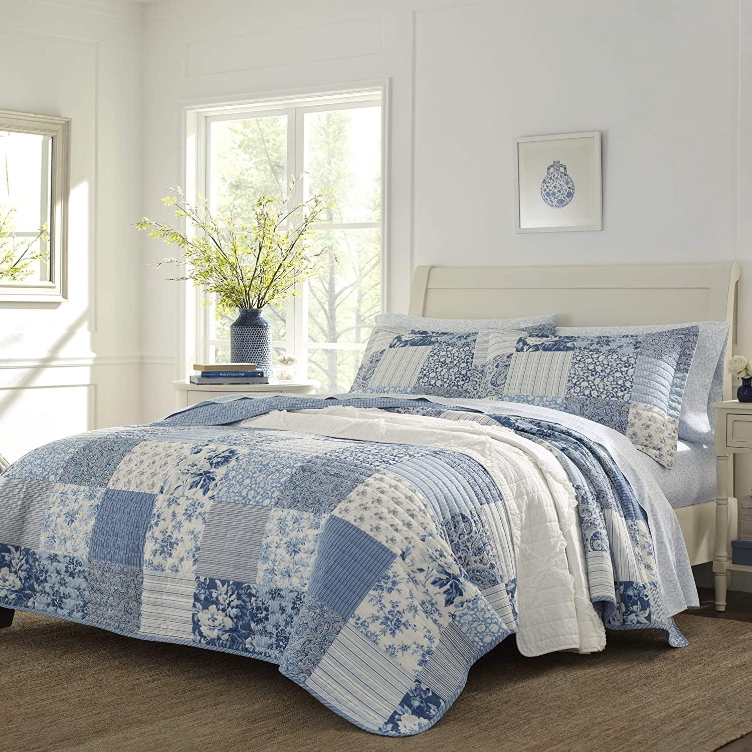 King Blue Cotton Reversible Patchwork Quilt Set