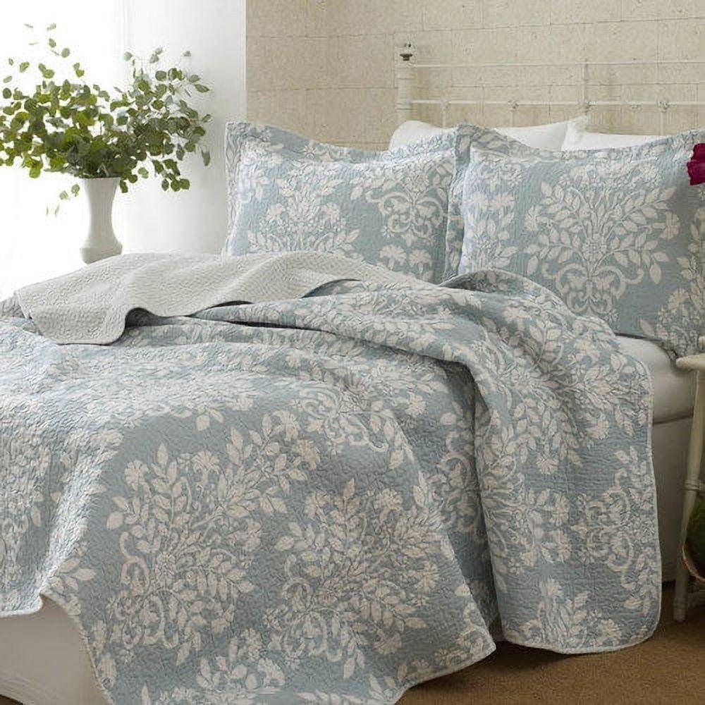 Rowland Quilt And Sham Set Twin Breeze Blue - Laura Ashley: Cotton Floral Bedding, Pre Washed, 135 Thread Count