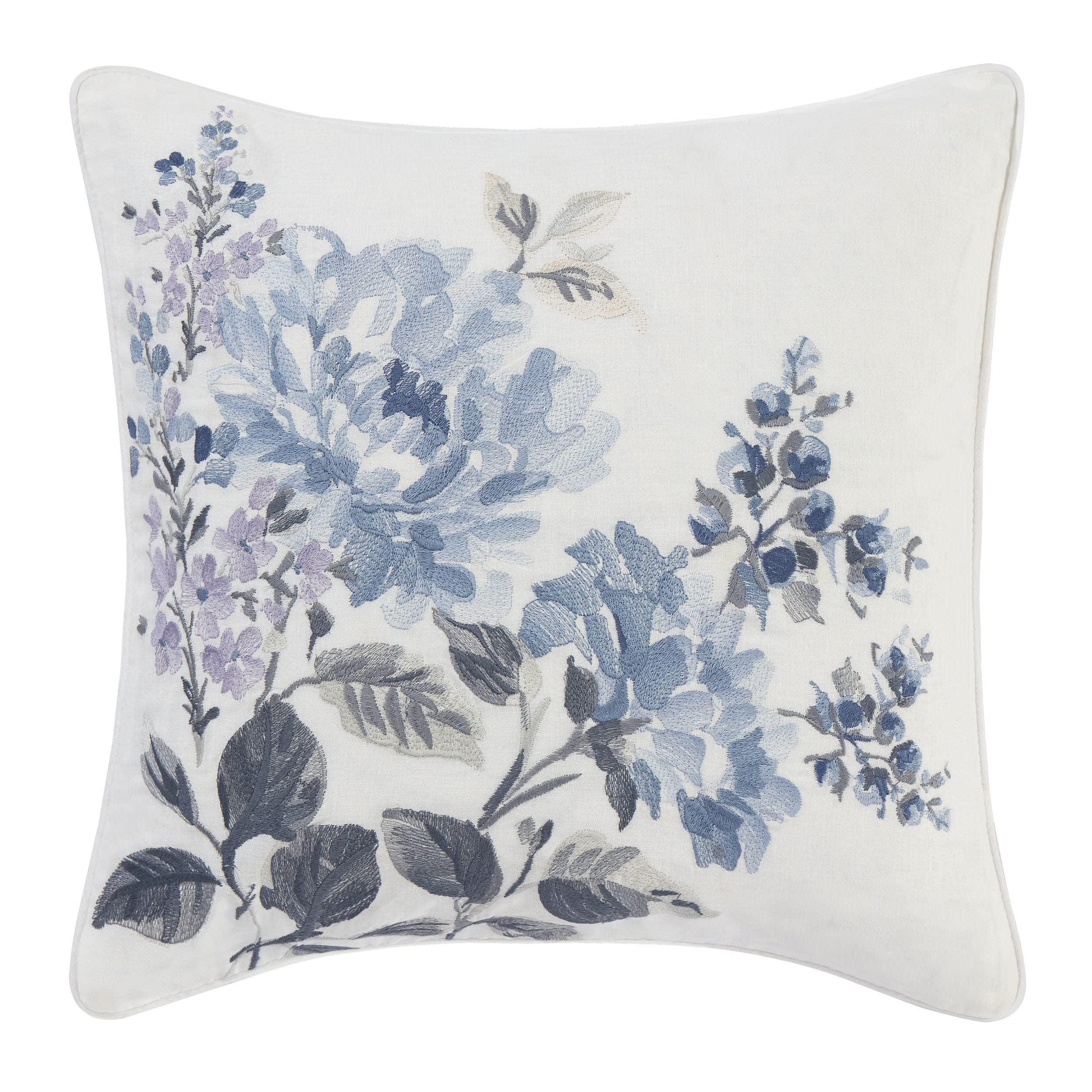 Chloe 16" Blue and White Embroidered Floral Throw Pillow
