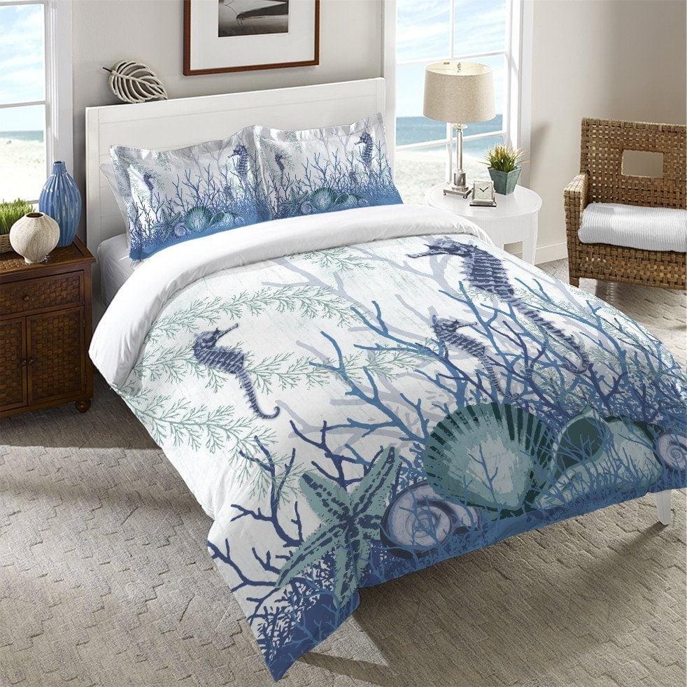 Laural Home  Aqua Sea Life Duvet Cover - Blue/White Twin Nautical & Coastal, Victorian