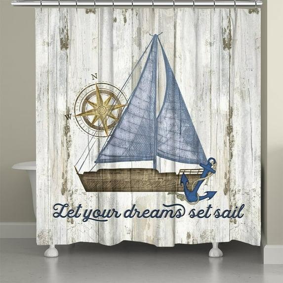 Set Sail Blue Polyester Nautical Shower Curtain