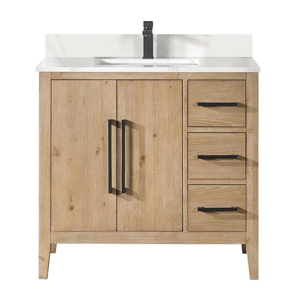 Laurel 36" Wood Vanity in Weathered Fir Calacatta White Quartz Top no Mirror