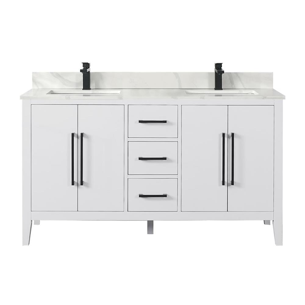 Laurel 60" Wood Vanity in White Calacatta White Quartz Top no Mirror