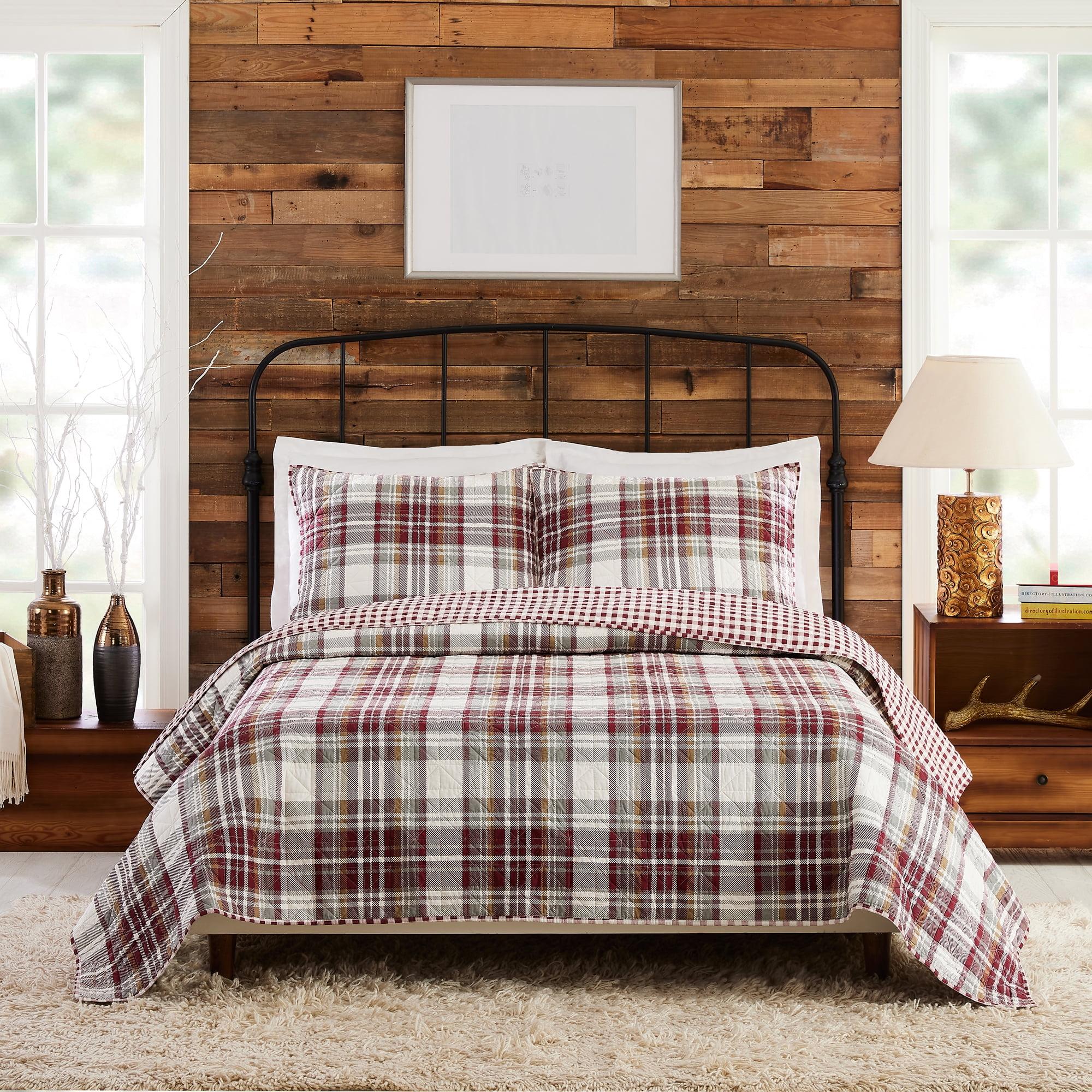 Camden Gray and Red Cotton Plaid Full Quilt Set