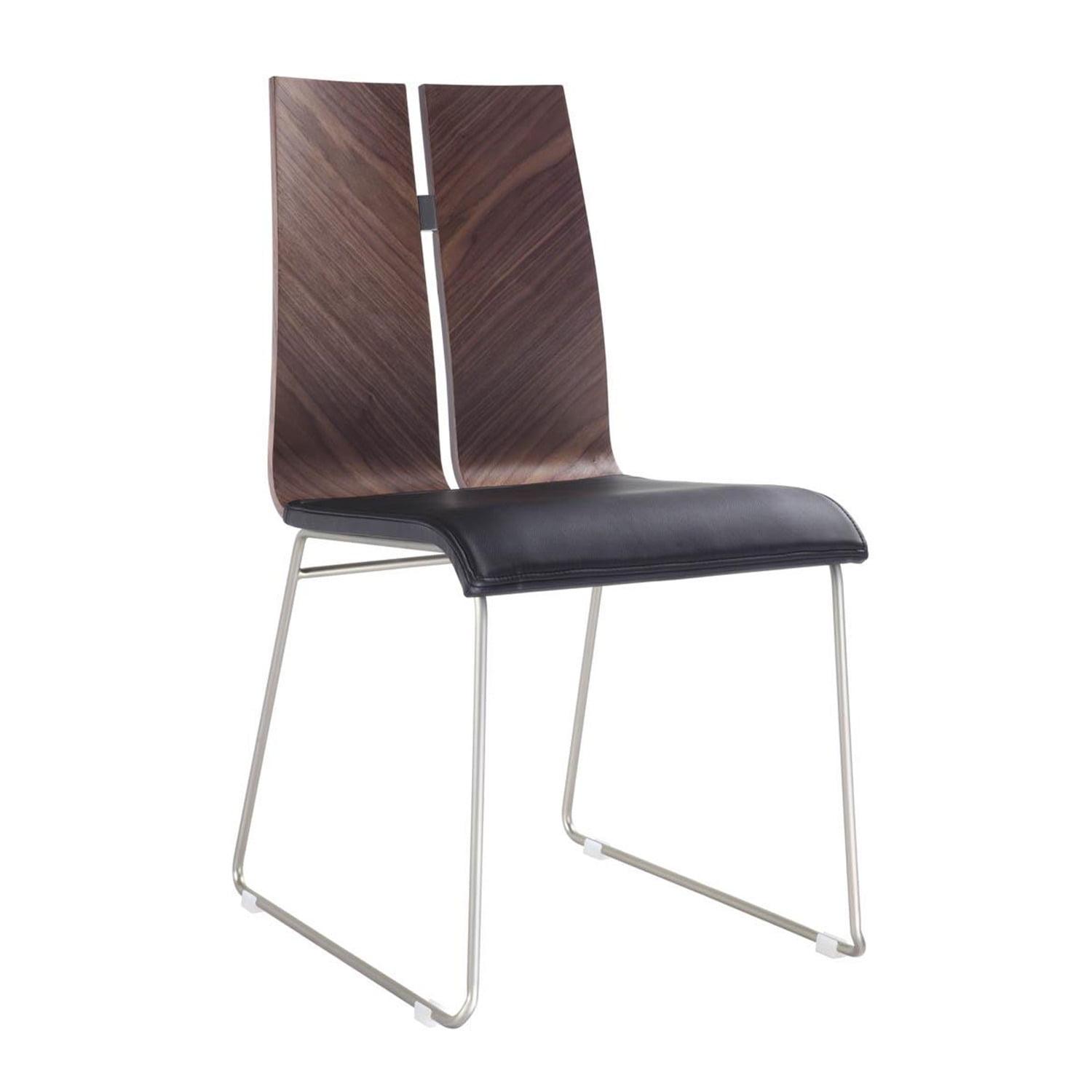 Lauren Dining Chair. Natural Walnut veneer Black Faux Leather. Metal frame with brushed nickel