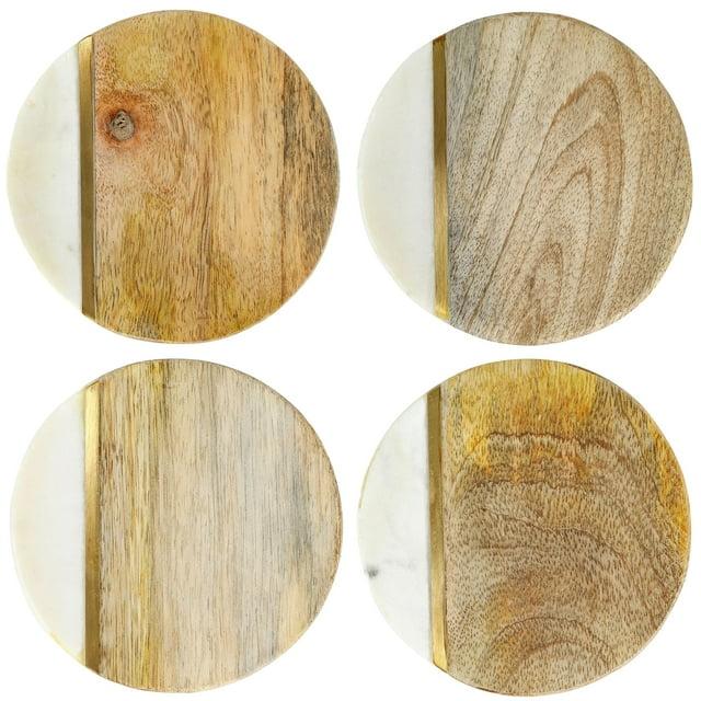 Laurie Gates Laurie Gates White Marble And Mango Wood Round 4 Piece Coaster Set (Set of 4)