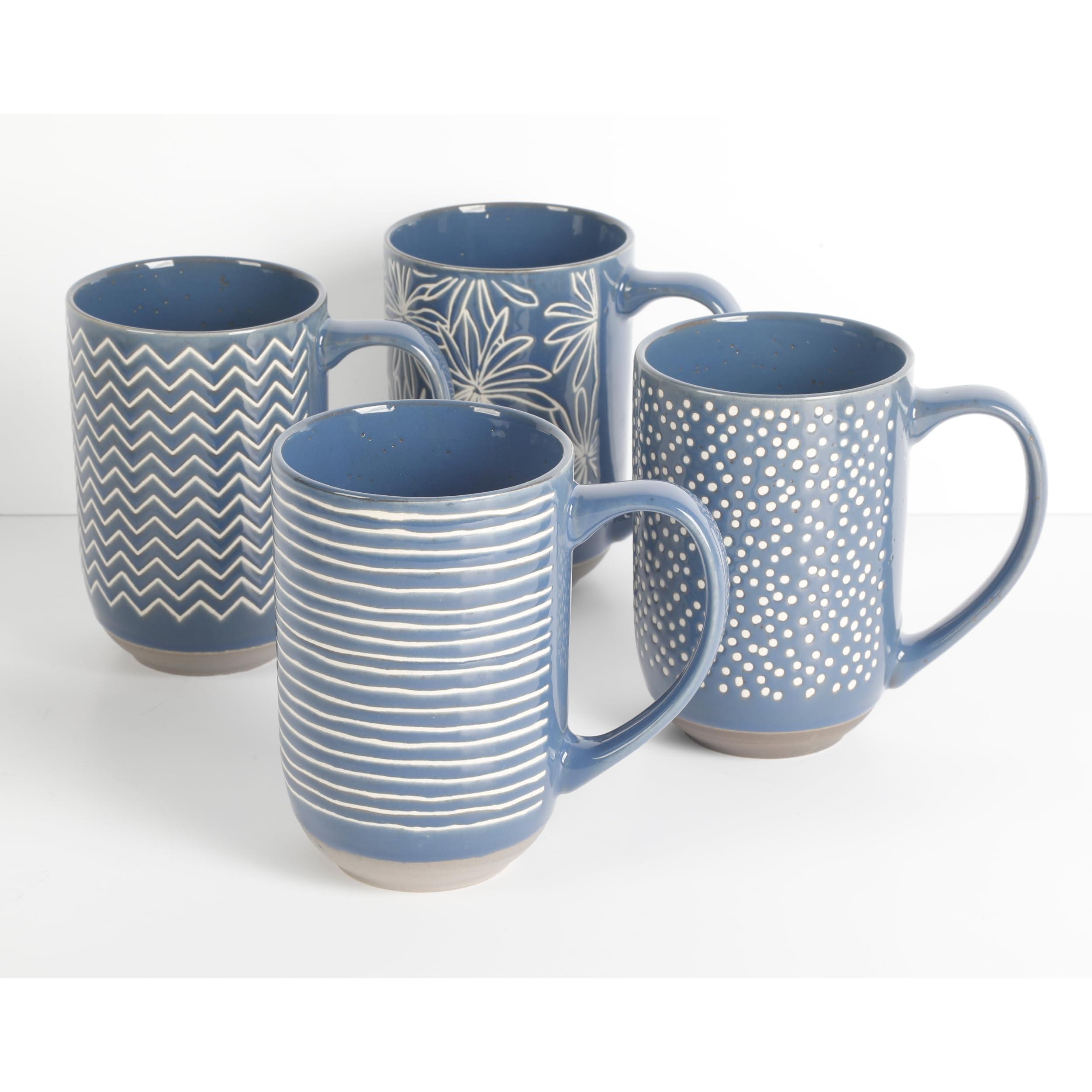 Blue Ceramic 19 Ounce Assorted Design Mug Set