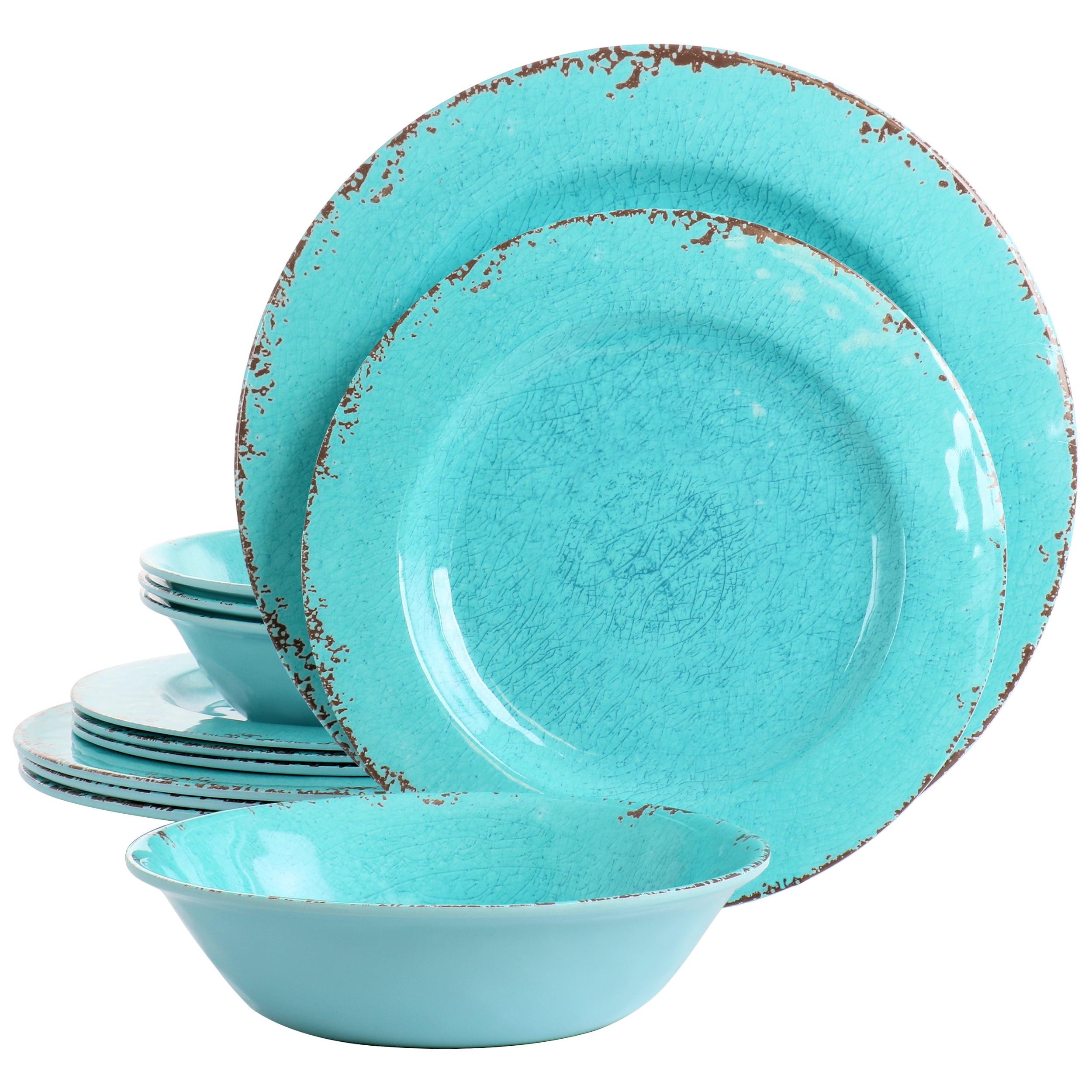 Laurie Gates Mauna 12 Piece Round Melamine Dinneware Set in Tiffany Blue