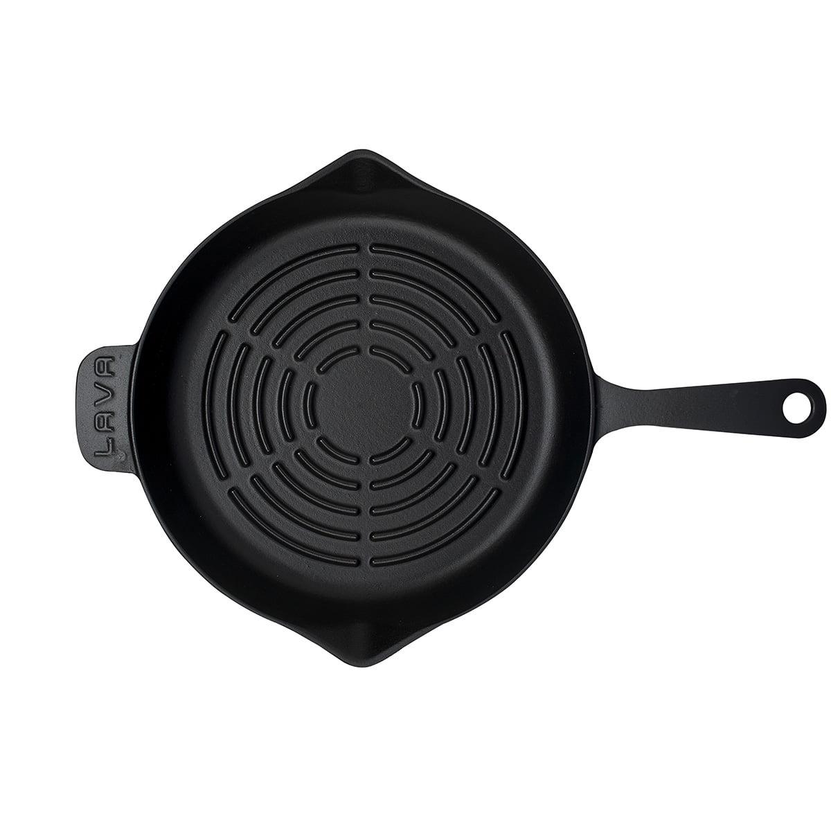 LAVA CAST IRON Lava Enameled Cast Iron Grill Pan 11 inch-Radial Pattern Pan with Pour Spouts Round Black
