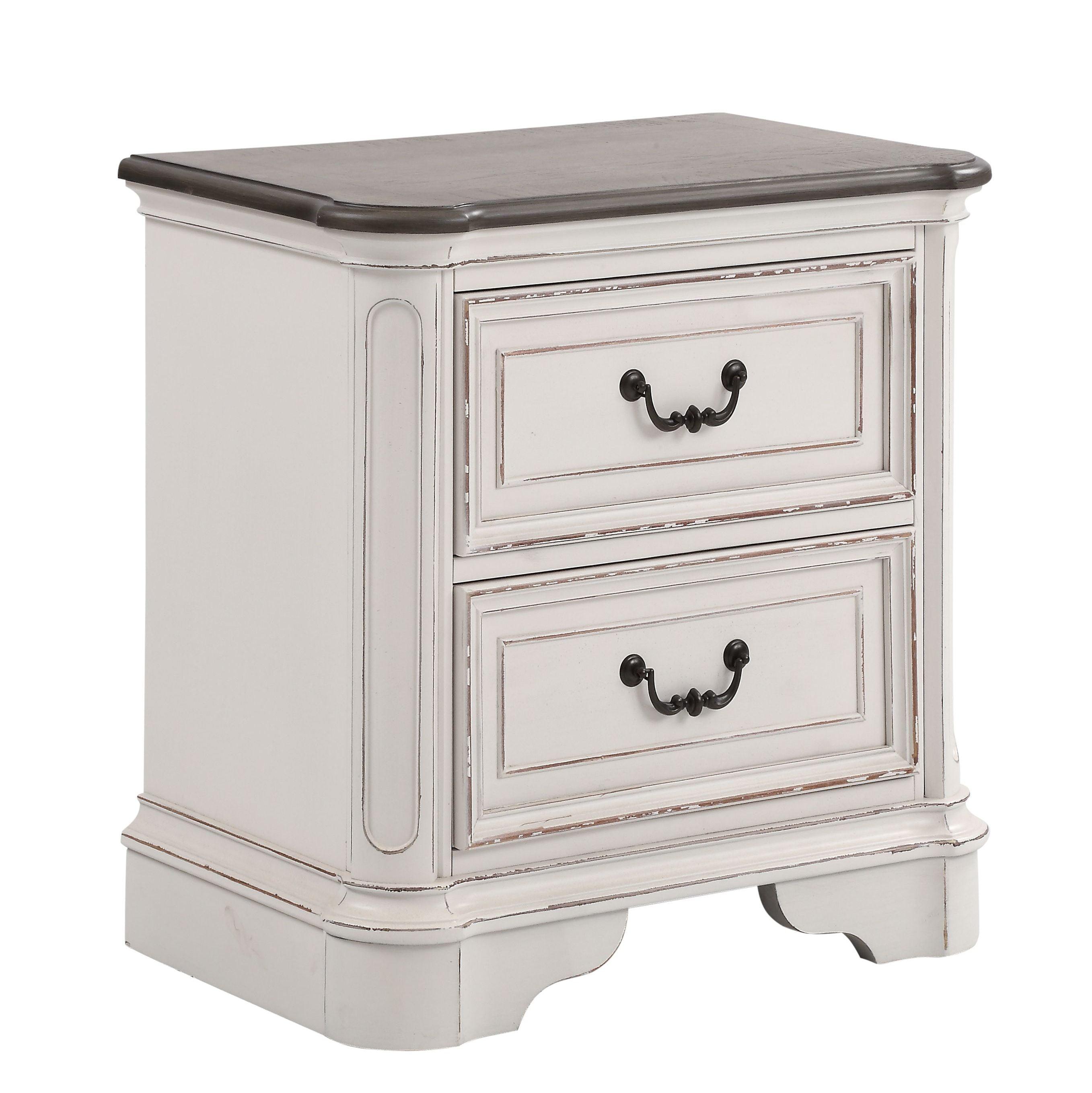 Antique White and Oak 2-Drawer Nightstand with Distressed Finish