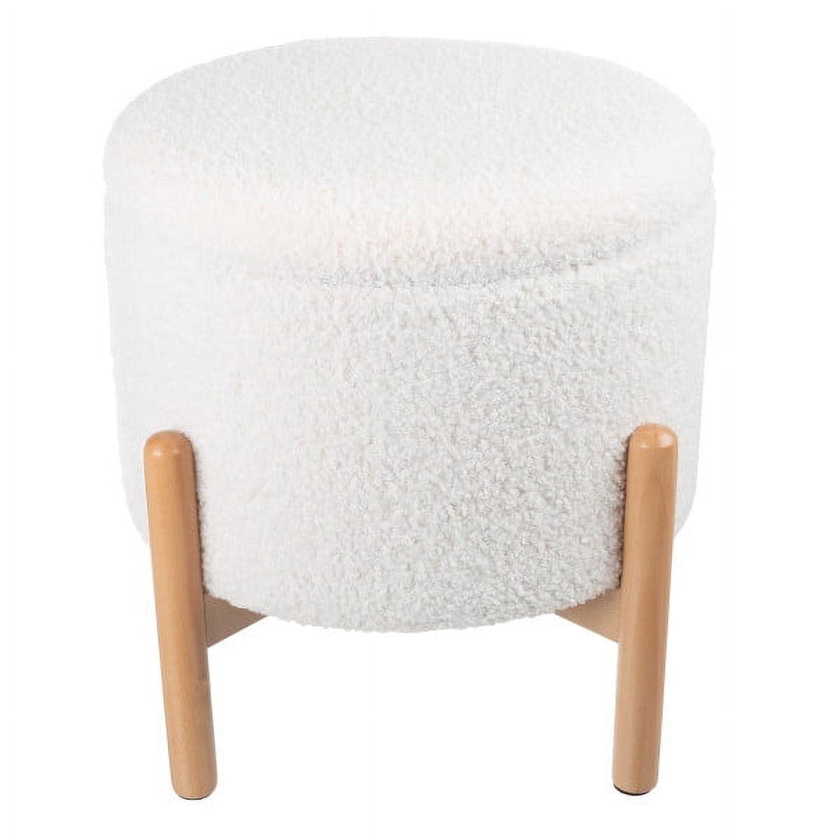 White Sherpa Plush Round Storage Ottoman with Padded Lid