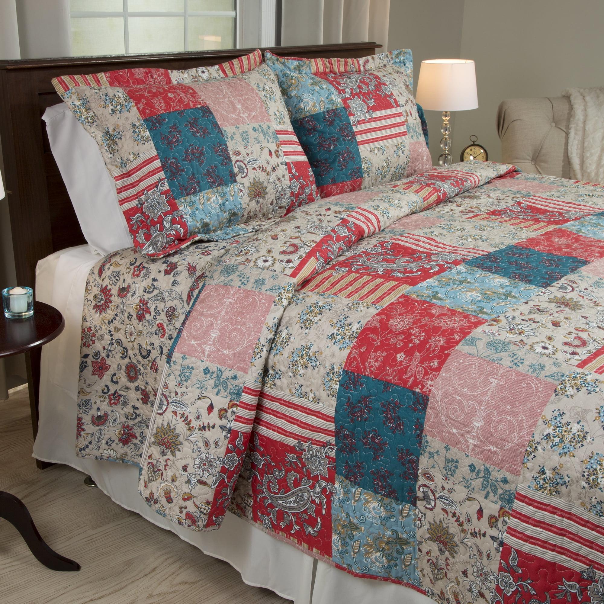 Classic Americana Patchwork Twin Quilt Set in Red and Blue Microfiber