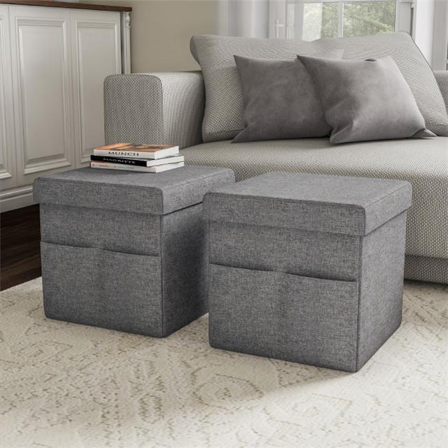 Lavish Home 80-FOTT-1 Foldable Storage Cube Ottoman with Pockets - Charcoal Gray