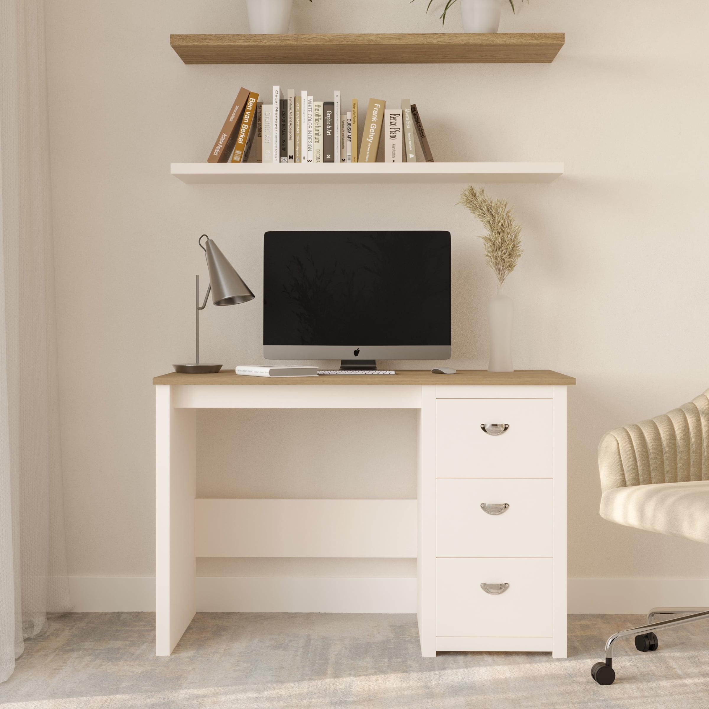 Lavish Home Computer Desk with Attached 3-Drawer File Cabinet (White)