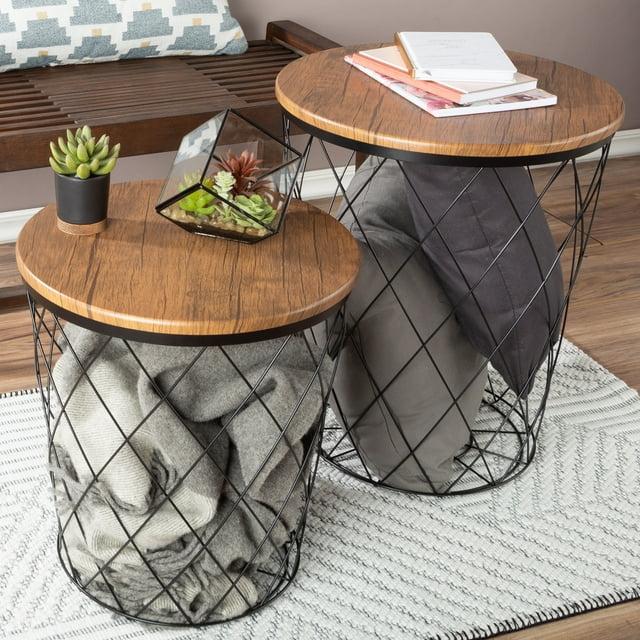 Lavish Home End Table with Storage – Set of 2 Round Nesting Tables with Diamond Pattern Wire Basket Wood Tops, Industrial Farmhouse Side Table