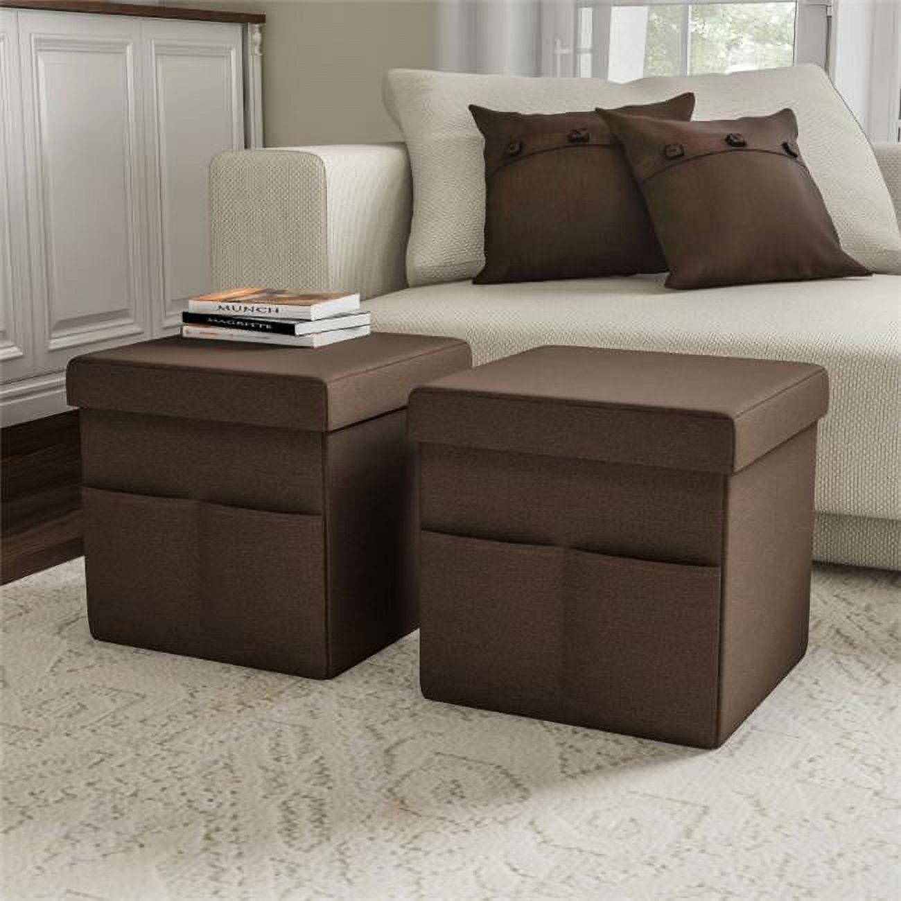 Compact Linen Brown Folding Storage Ottoman Cube with Pockets