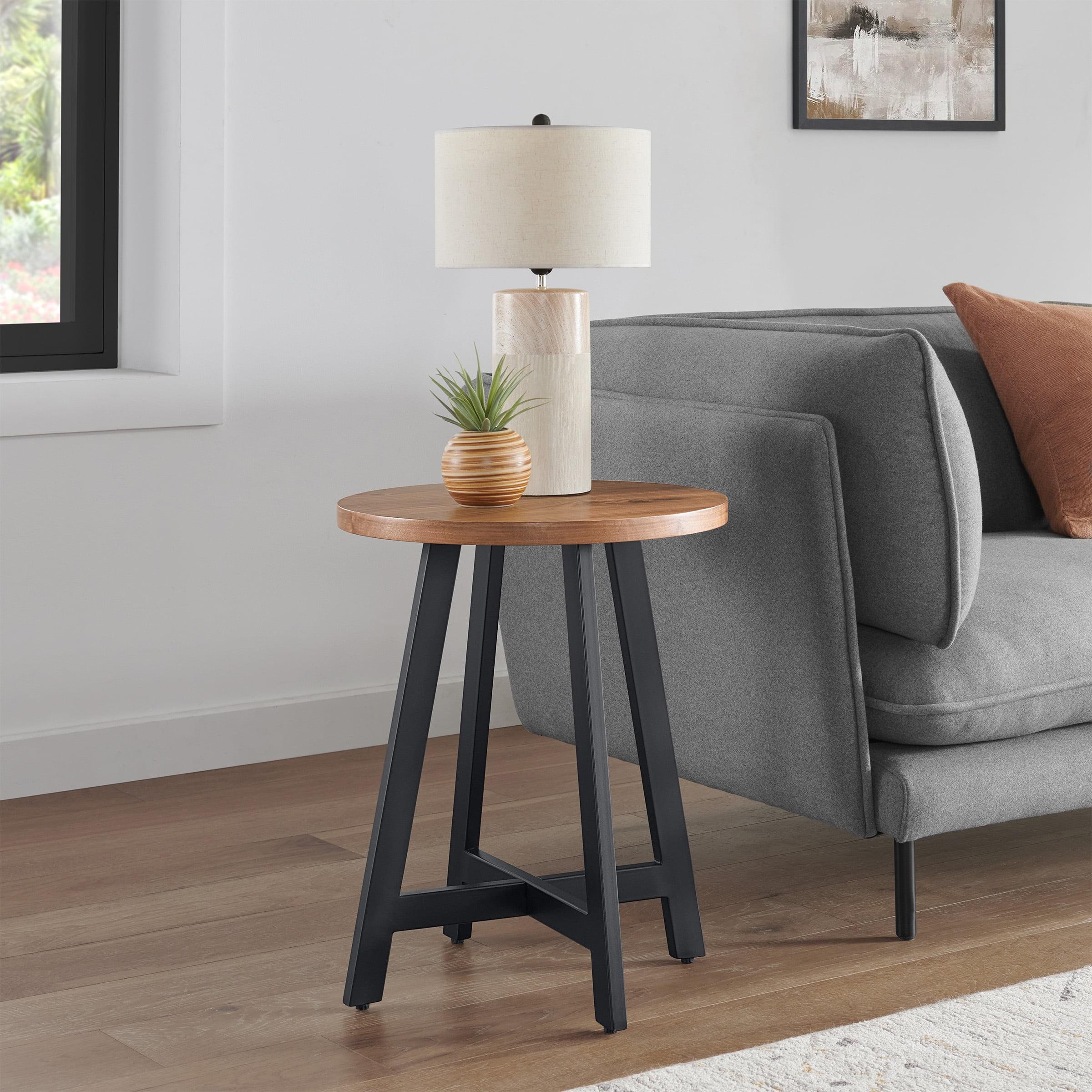 Walnut and Black Round MDF Top Industrial End Table