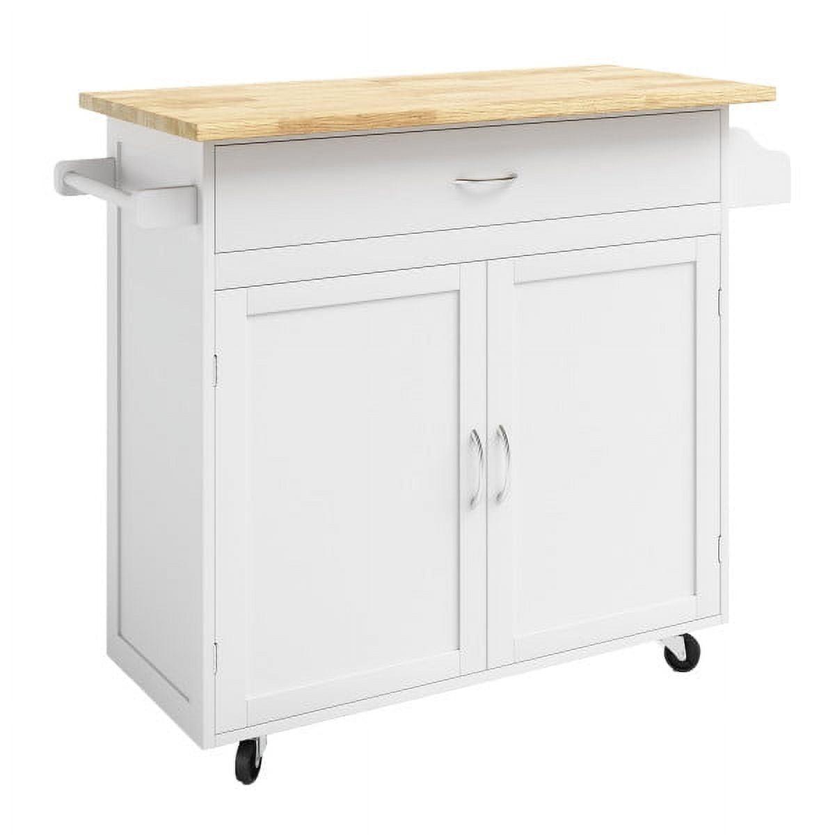 White and Oak Wood Rolling Kitchen Cart with Spice Rack and Storage