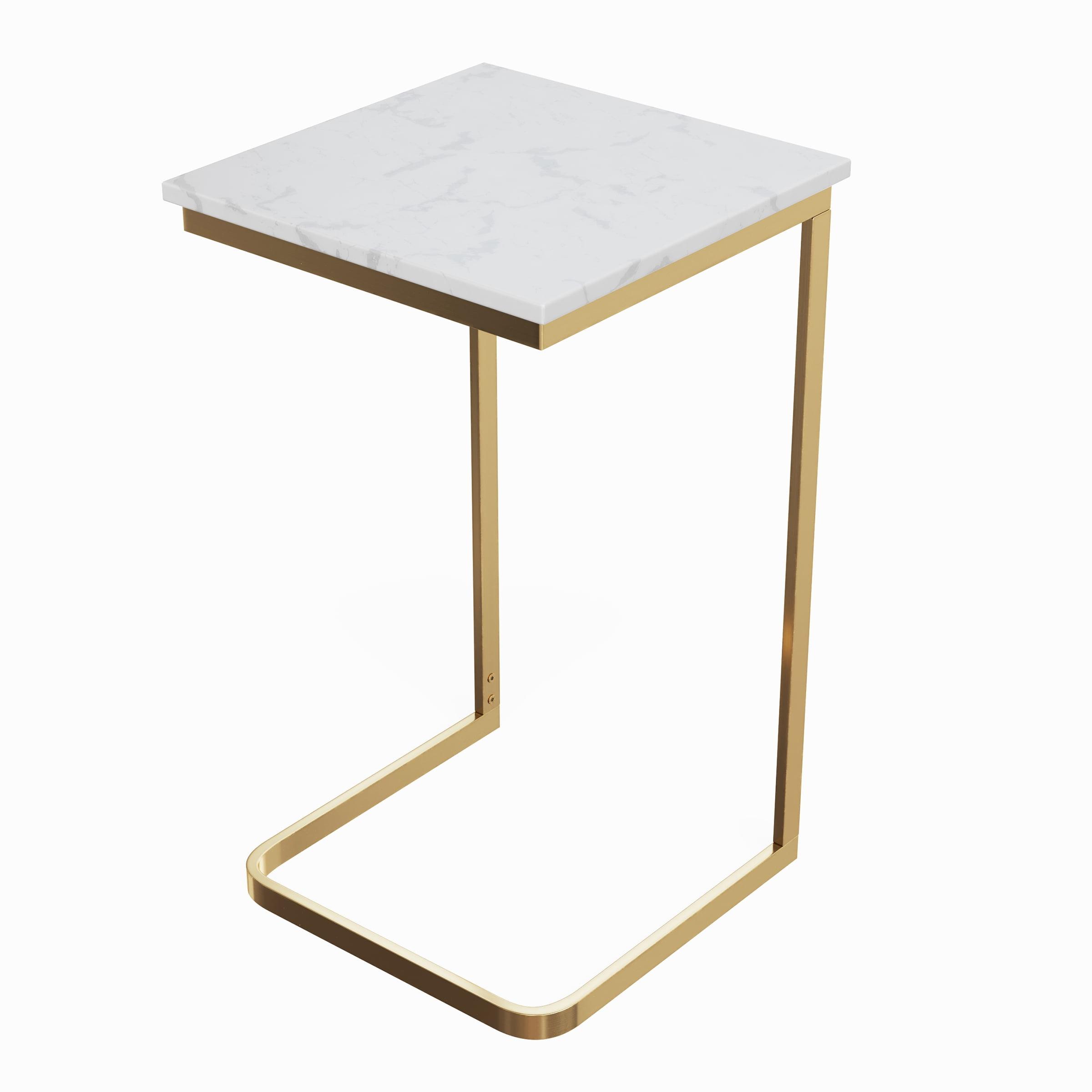 C-Shaped End Table - Real Marble Side Table with Gold Iron Frame for Couch, Loveseat, or Bed - Modern Living Room Furniture by Lavish Home (White)