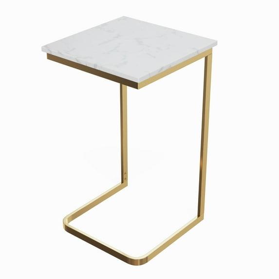 C-Shaped End Table - Real Marble Side Table with Gold Iron Frame for Couch, Loveseat, or Bed - Modern Living Room Furniture by Lavish Home (White)