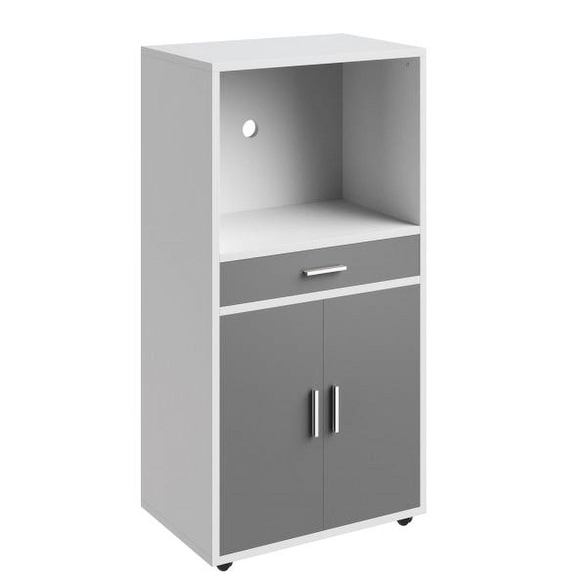 White and Gray Wood Microwave Stand with Storage and Wheels