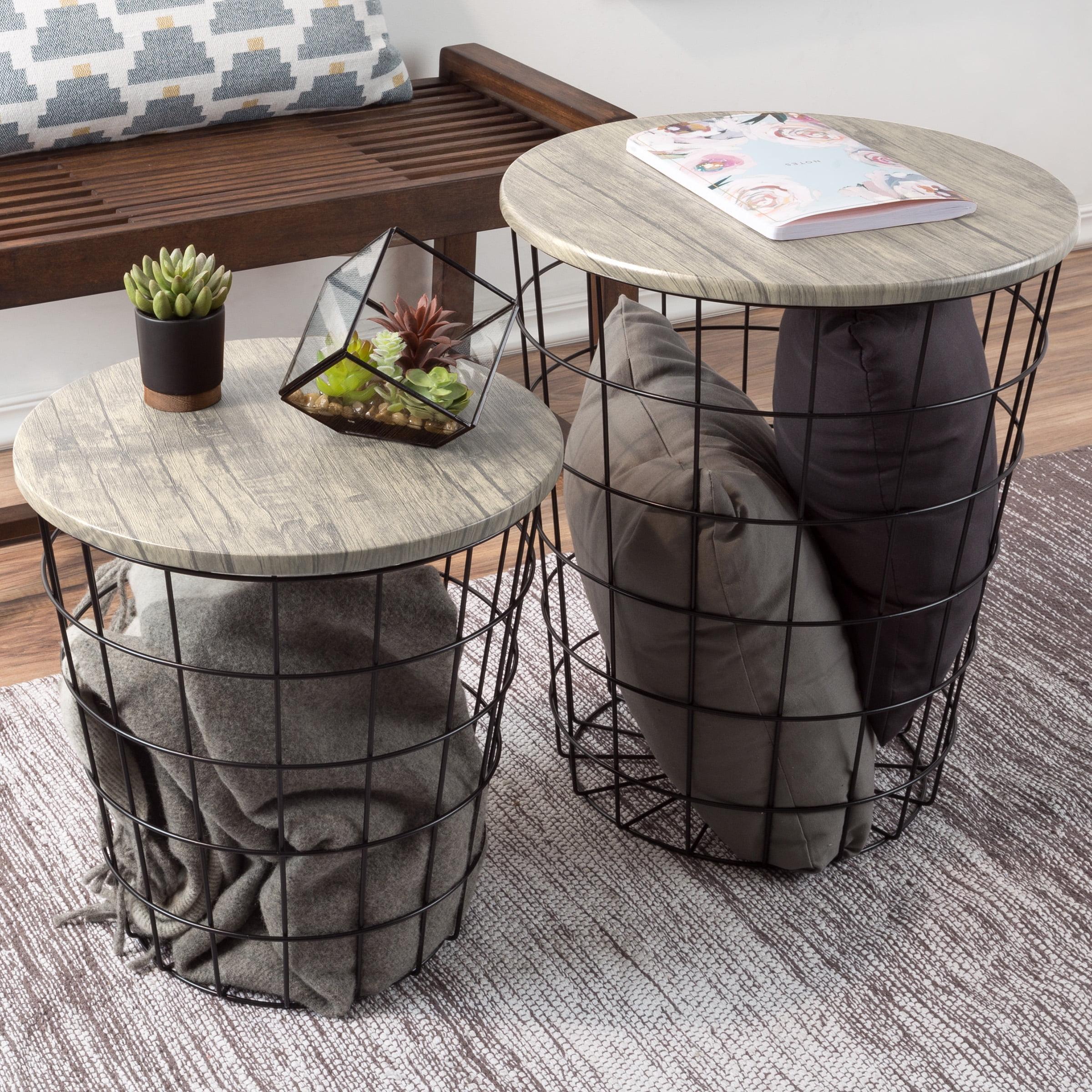 Gray Round Wood and Metal Nesting End Tables with Storage