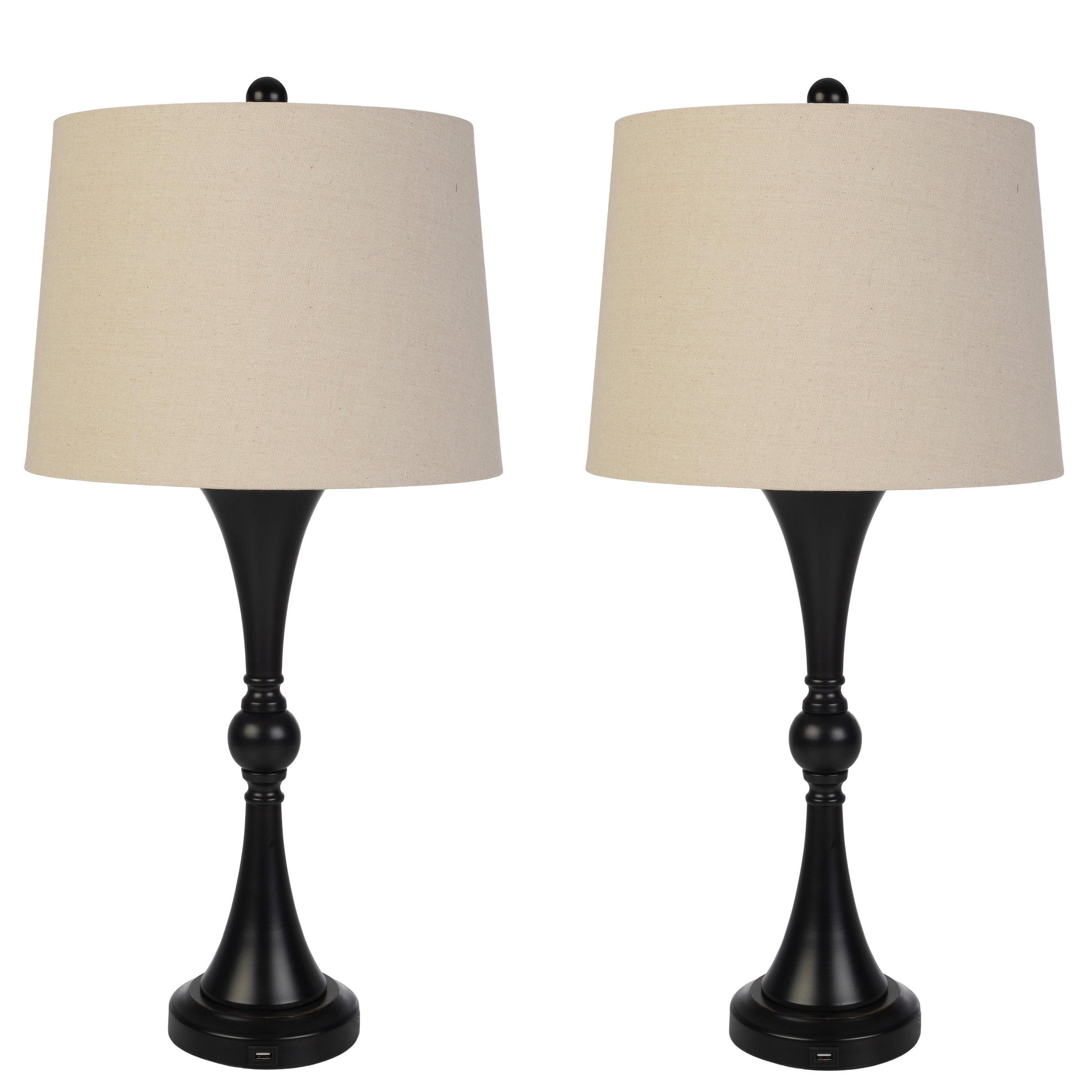 Black Metal Table Lamps with Linen Shades and USB Ports, Set of 2