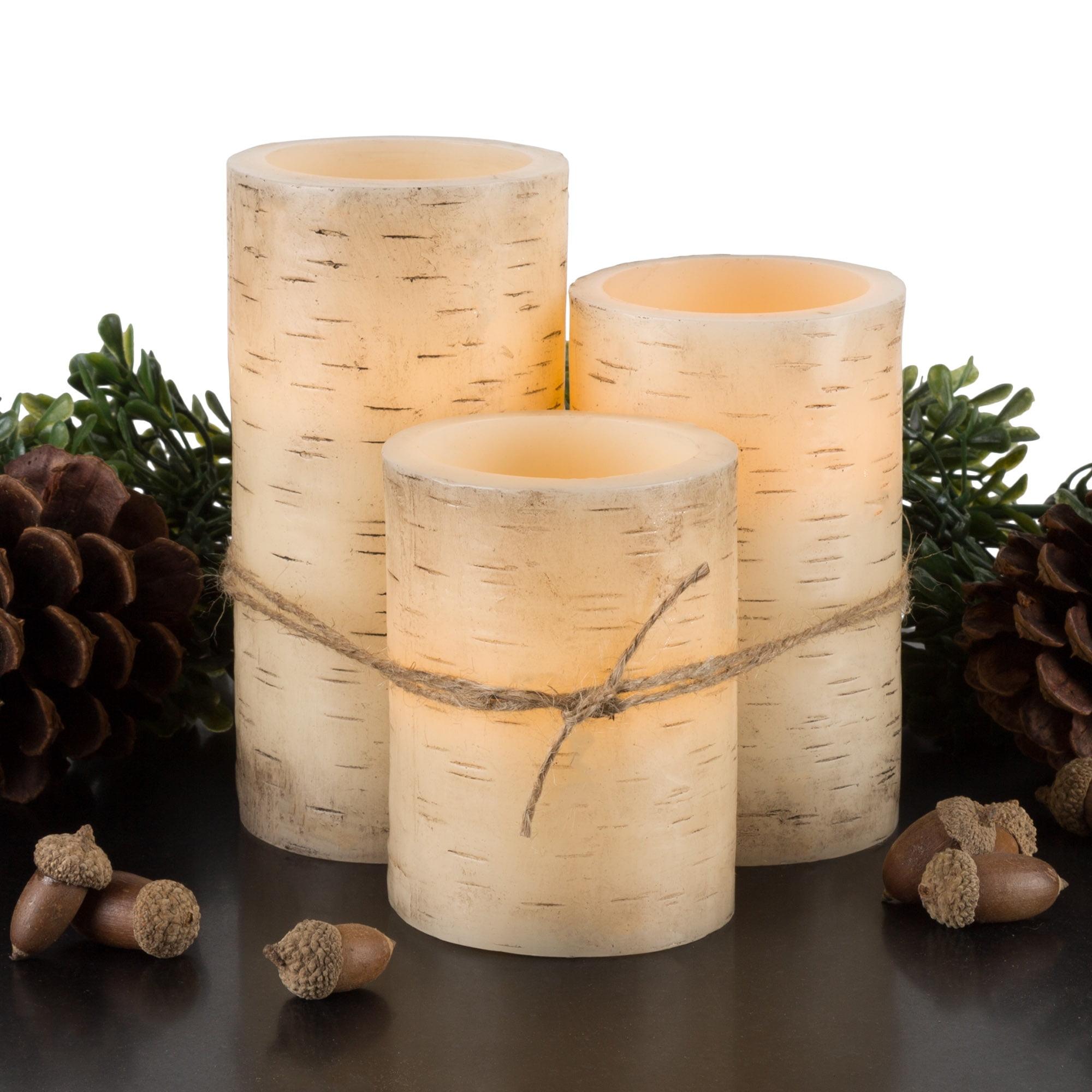 Flickering Flameless LED Candles with Birch Bark- Set of 3 Battery Operated Real Wax Pillar Candles with Remote Control and Timer by Lavish Home