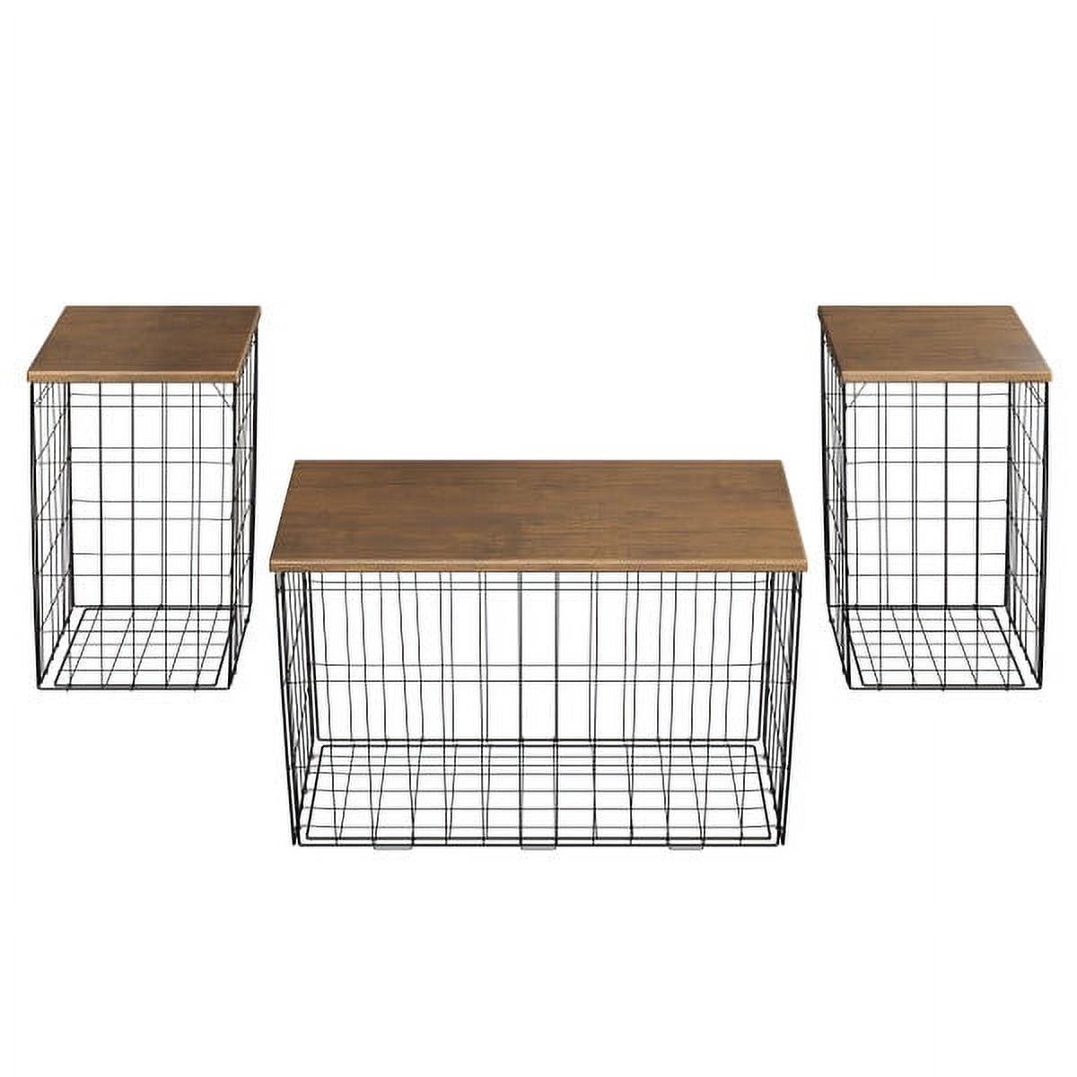 Brown Woodgrain and Black Metal Basket Storage Table Set