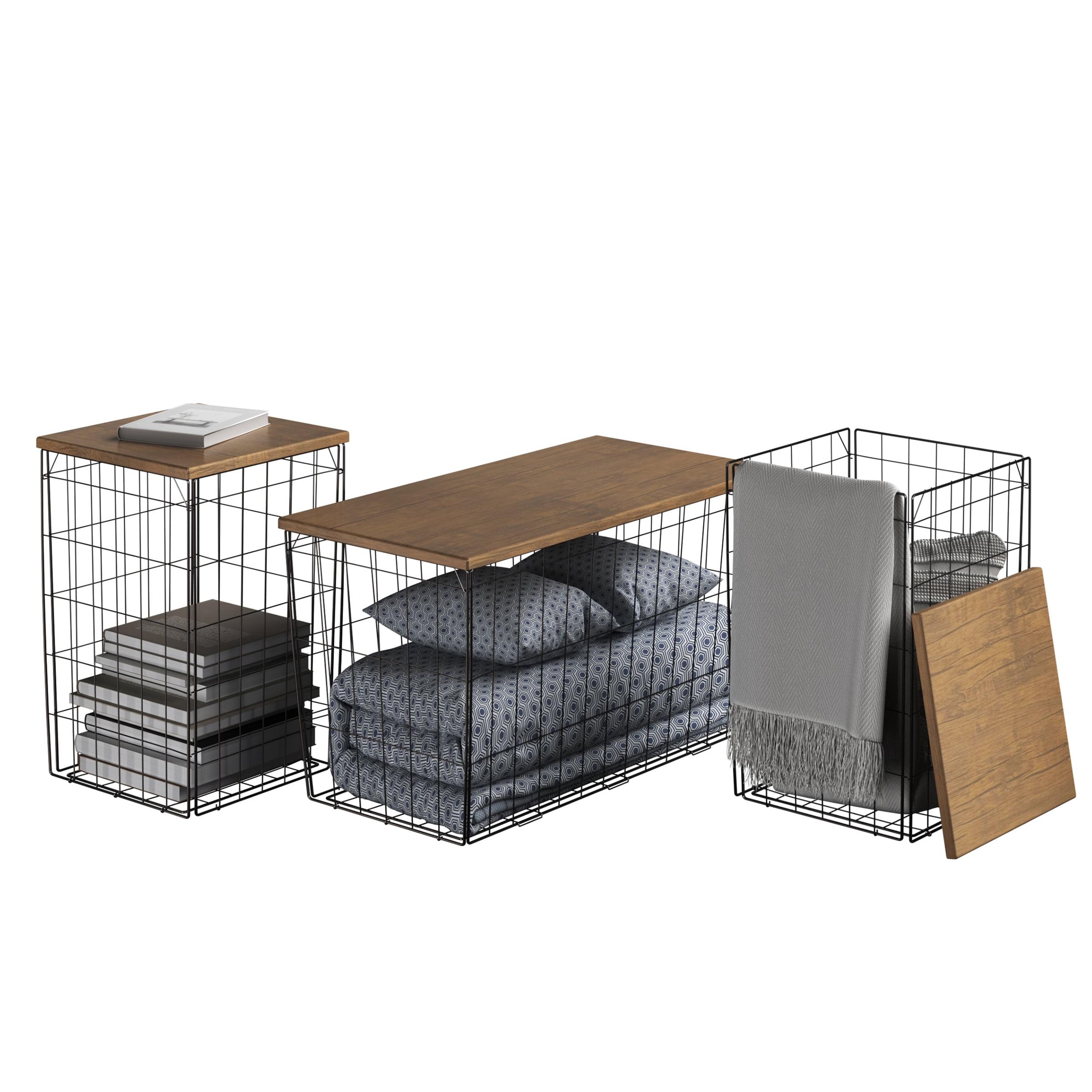 Lavish Home Set of 3 Living Room Tables - Metal Basket Storage with Removable Lids - 2 Small Side and 1 Large Accent Table (Brown/Black)