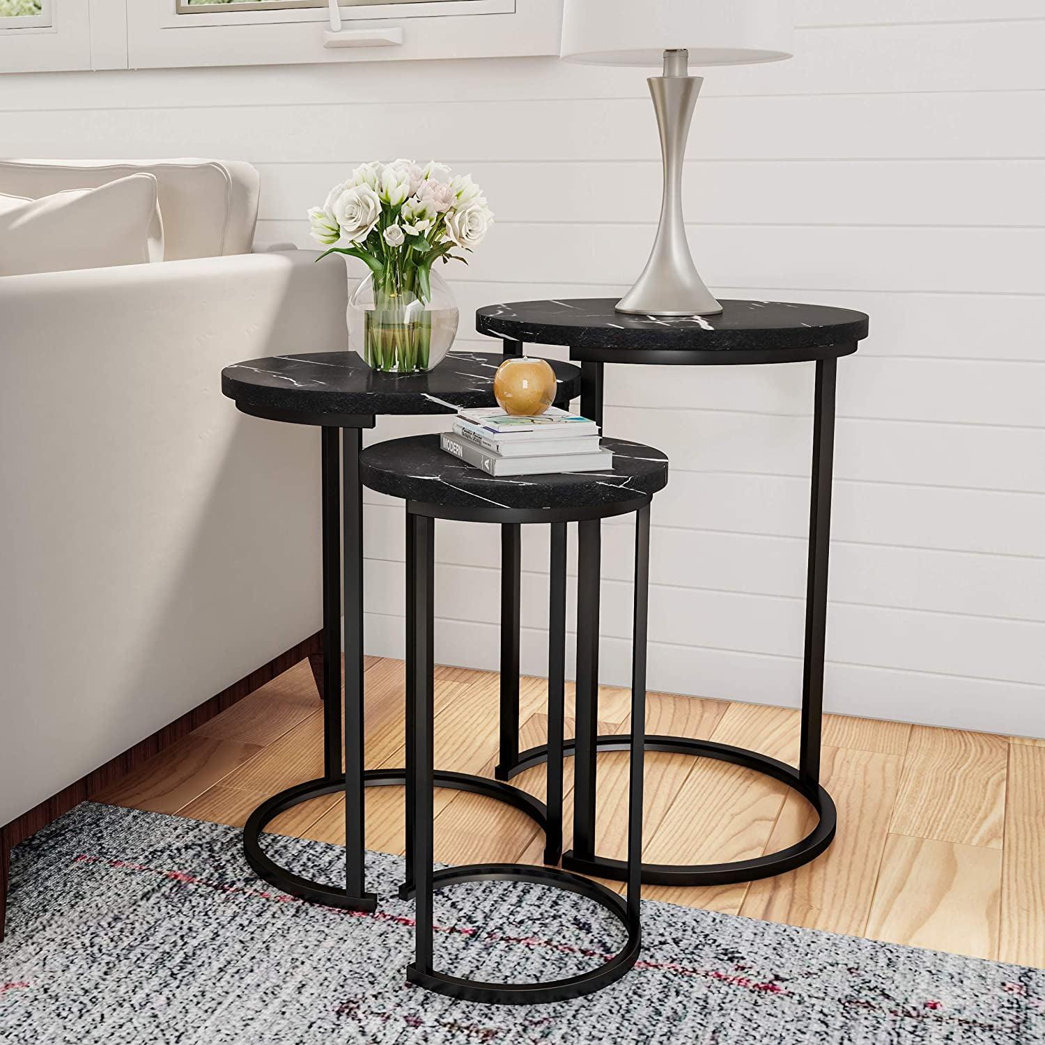 Hasting Home Set of 3 Round Living Room End Tables – Modern Faux Marble Top and Black Metal Base Nesting Tables or Nightstands