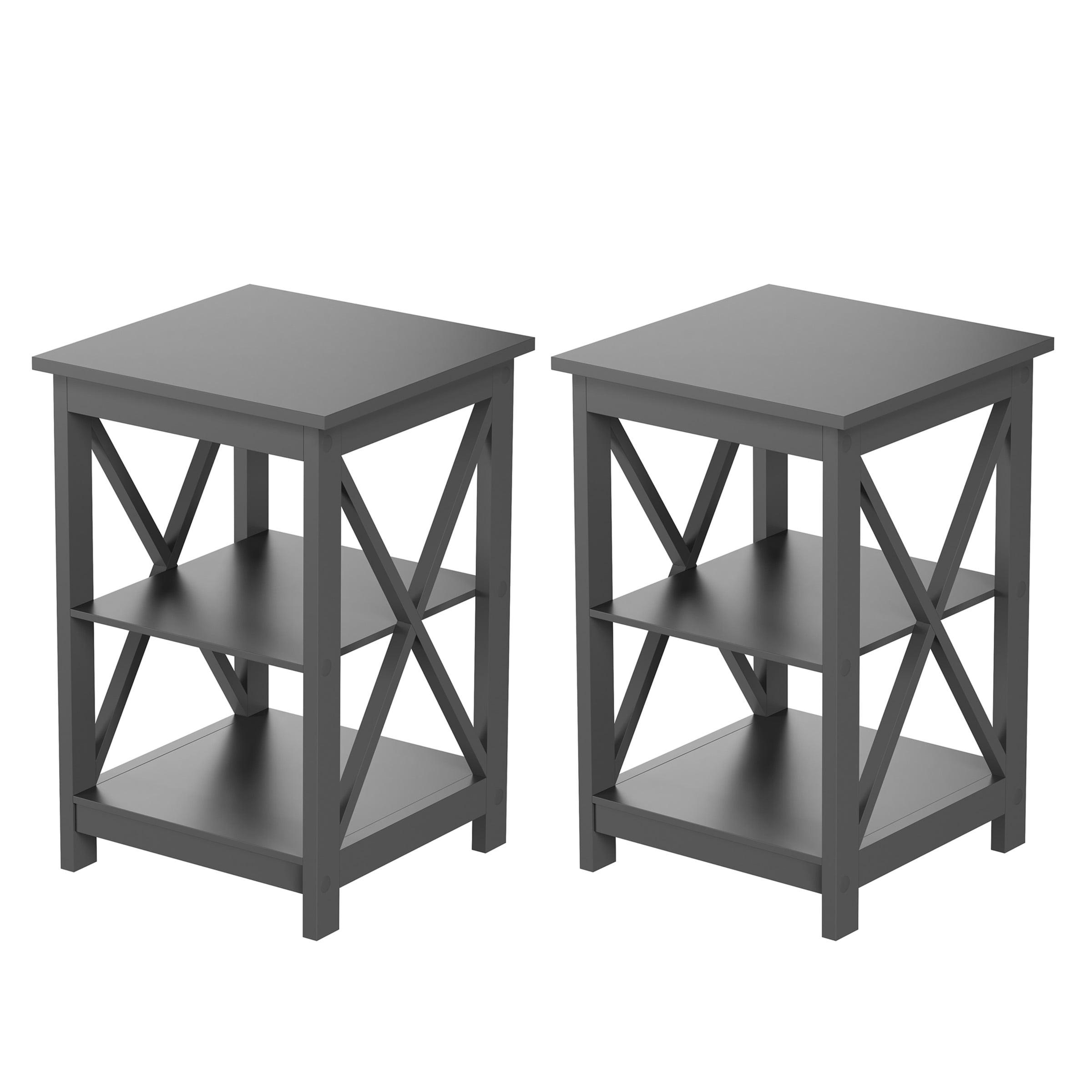 Queribus Side Tables with Two Shelves – 2 Piece Contemporary Nightstands with X-Legs – Wooden End Table Pair for Living Room or Bedroom