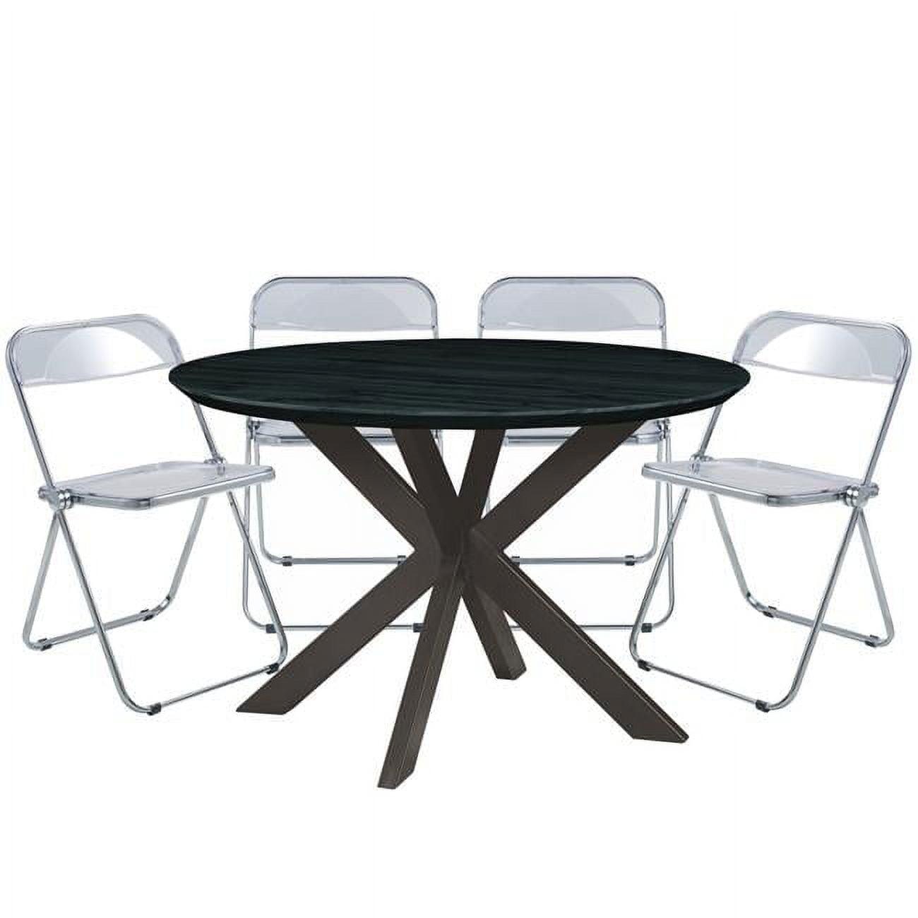 Lawrence Acrylic Folding Dining Chair & Round Dining Table with Geometic Base Set, Transparent Black - 5 Piece