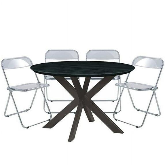 Lawrence Acrylic Folding Dining Chair & Round Dining Table with Geometic Base Set, Transparent Black - 5 Piece
