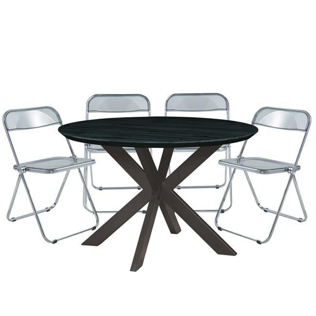 Lawrence Acrylic Folding Dining Chair & Round Dining Table with Geometic Base Set, Transparent Black - 5 Piece