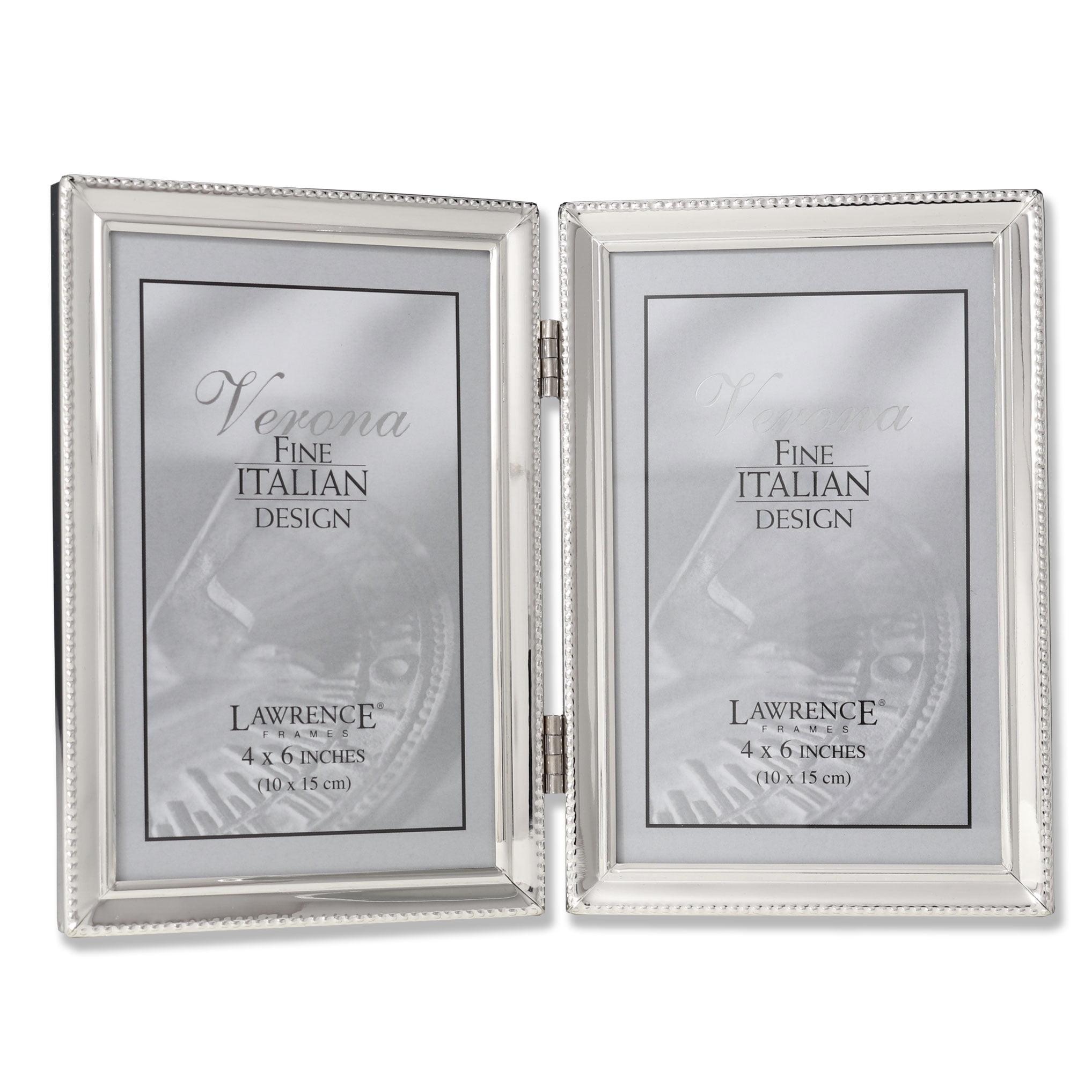 Elegant Polished Silver Metal 4x6 Hinged Double Photo Frame with Bead Border